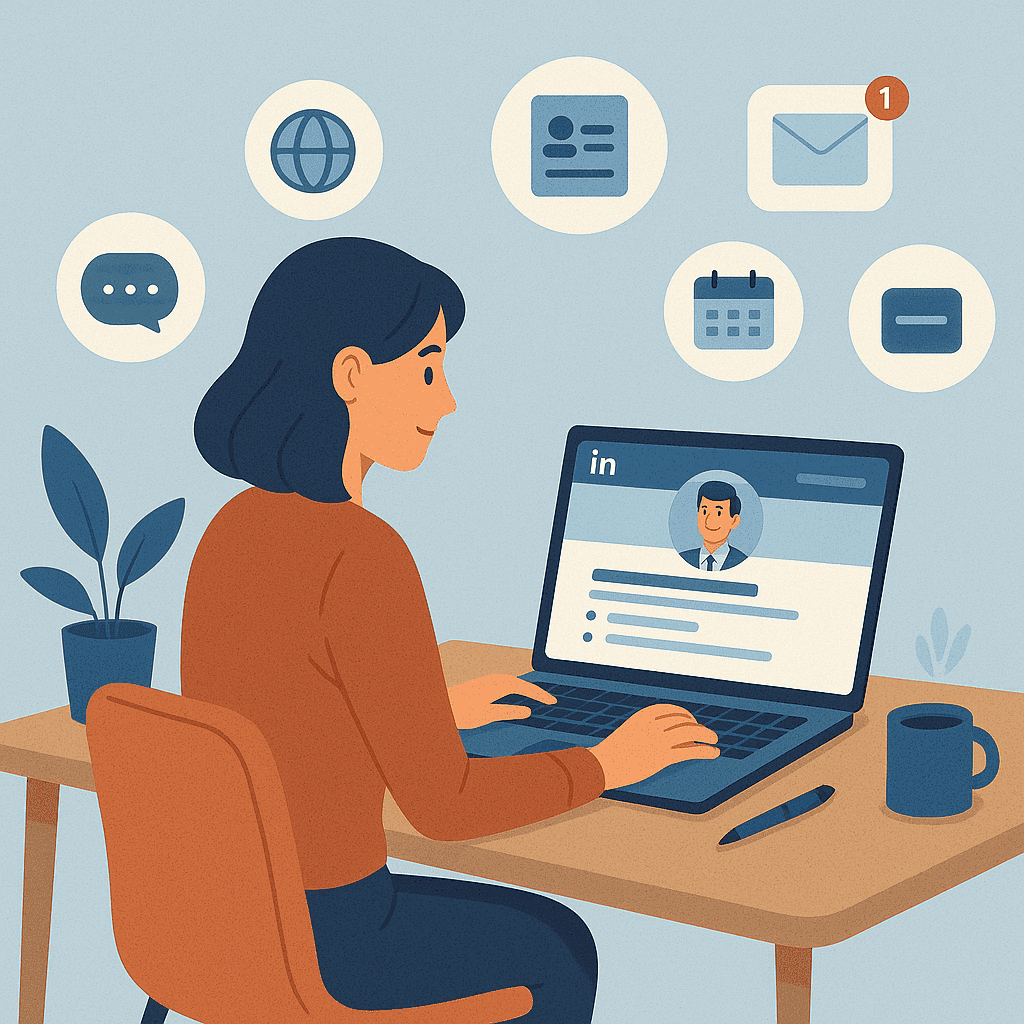 A woman updates her LinkedIn profile on a laptop at a desk, with floating icons representing online presence and professional networking, illustrating intentional personal branding.