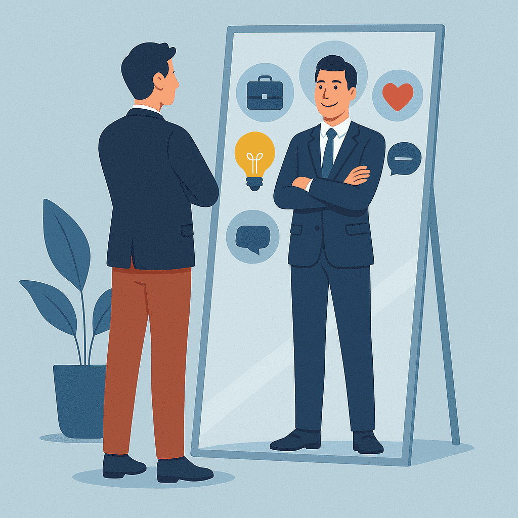 A professional man stands in front of a mirror where his confident reflection is surrounded by icons representing skills, values, and achievements, illustrating personal branding.