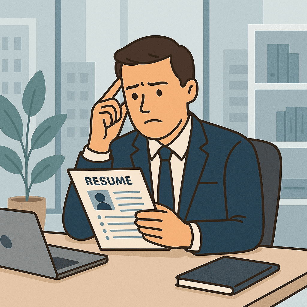 Frustrated business leader reviewing a resume after a bad hire