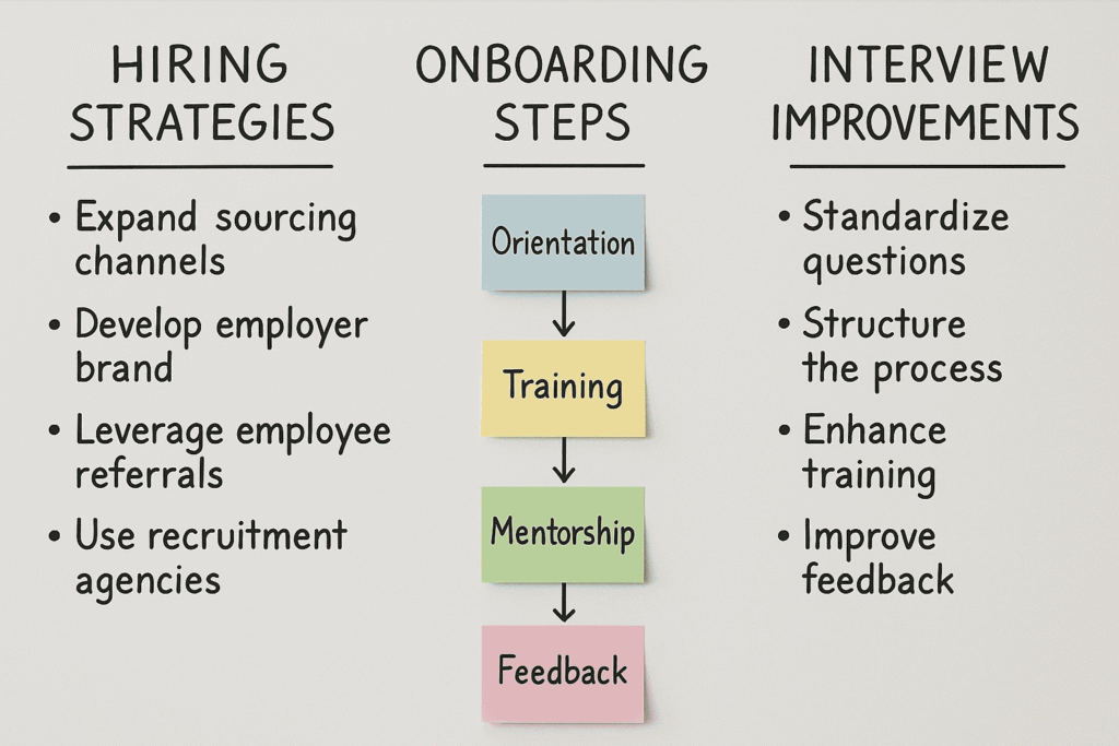 Whiteboard covered in hiring process notes and improvement ideas