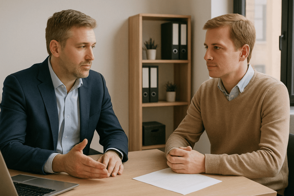 Manager and employee having a calm conversation about parting ways