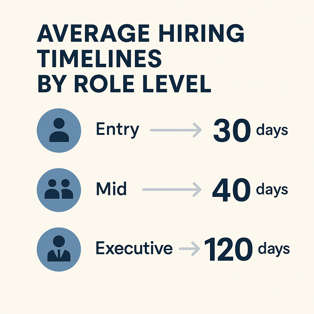 Infographic showing average hiring timelines for entry (30 days), mid (40 days), and executive roles (120 days)