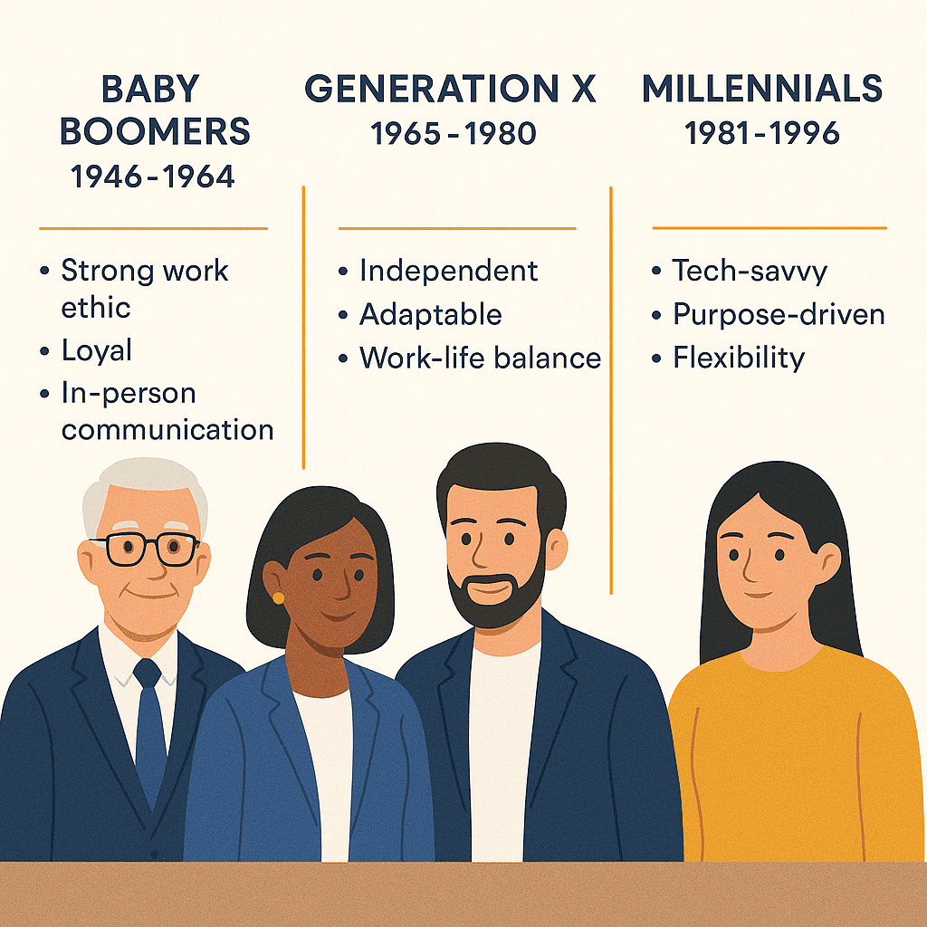 Infographic comparing generational traits in the workplace with illustrated representatives of Baby Boomers, Gen X, and Millennials