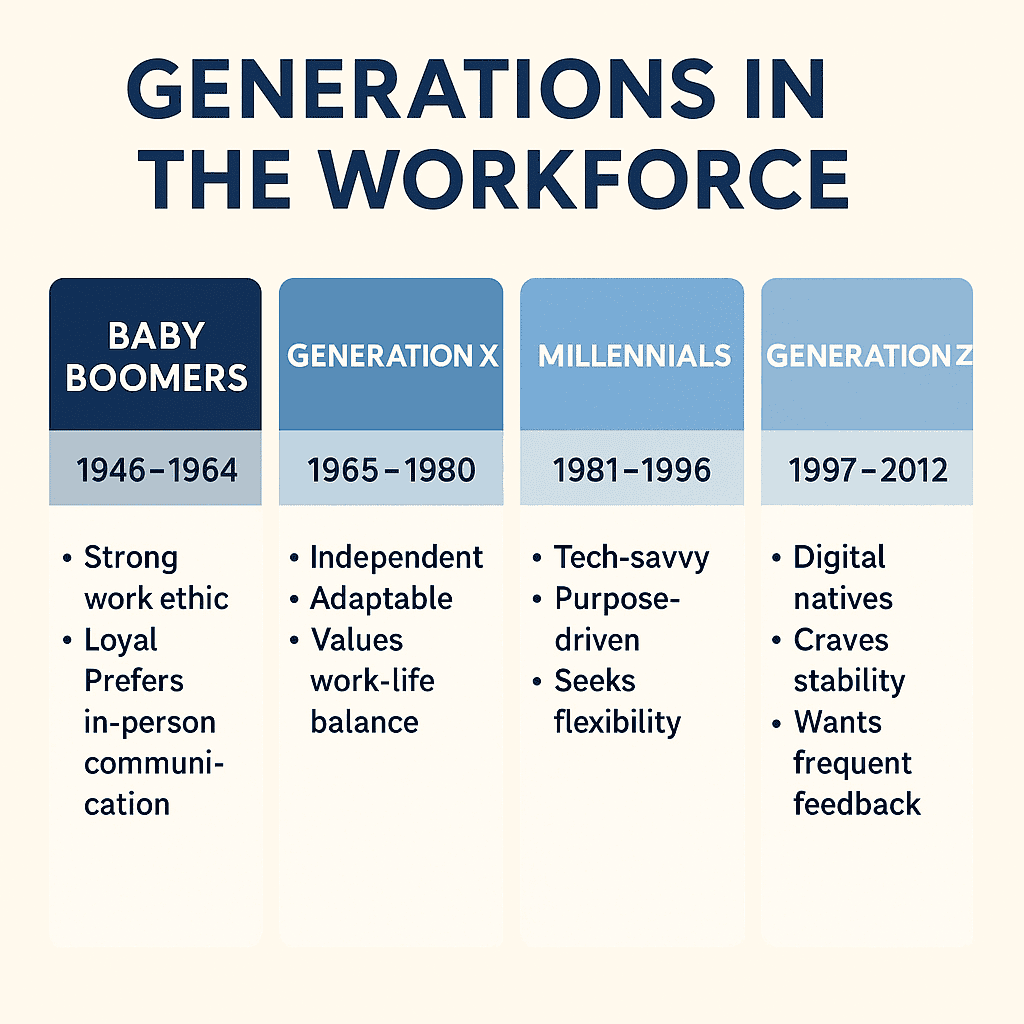 Infographic comparing Baby Boomers, Gen X, Millennials, and Gen Z in the workforce by traits and values