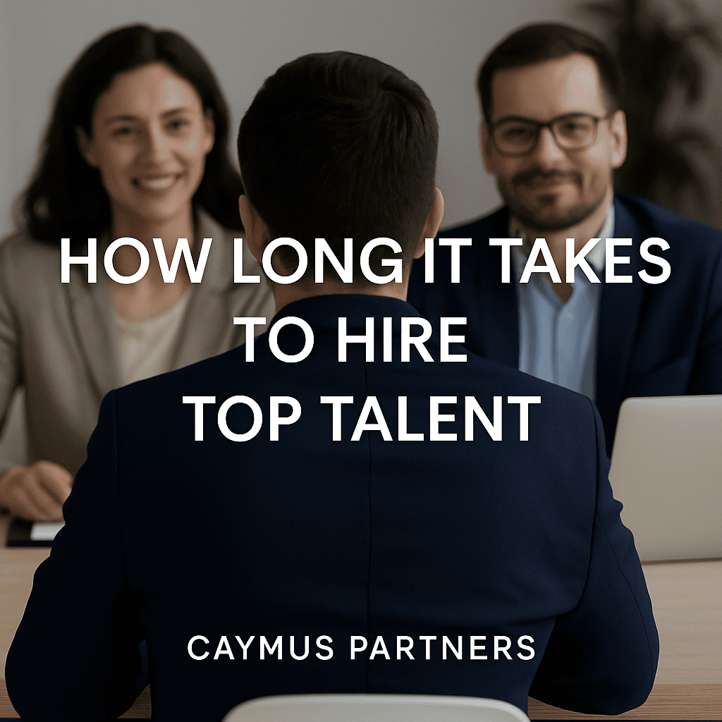 Interview setting with candidate and two interviewers, used for article on hiring timelines by Caymus Partners