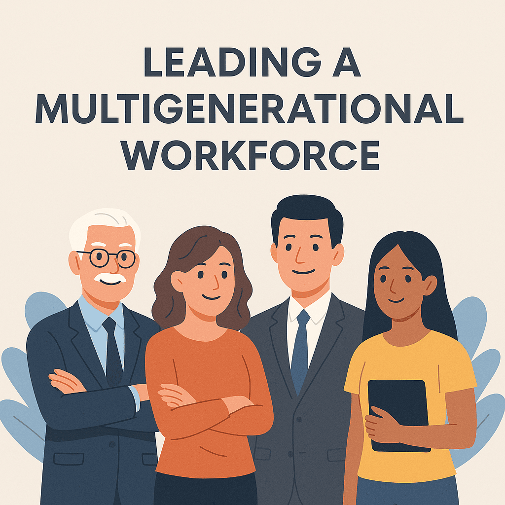 Illustration of a diverse multigenerational team with professionals from different age groups representing workplace collaboration