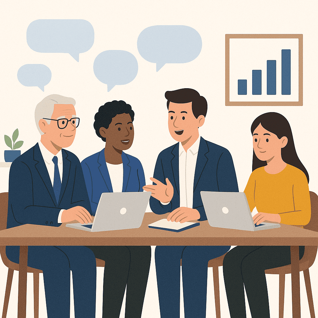 Diverse multigenerational team collaborating at a table in a modern office with laptops and speech bubbles