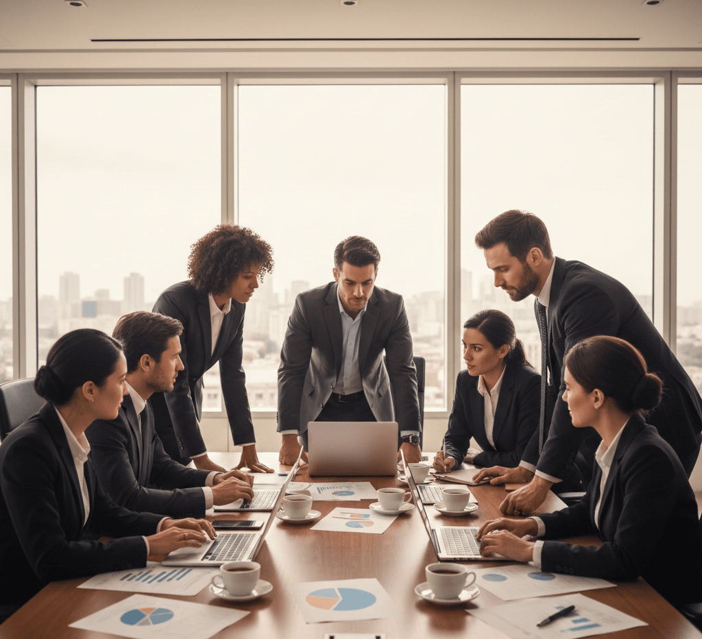 Diverse team of business professionals in a high-stakes meeting around a boardroom table with laptops and data charts.