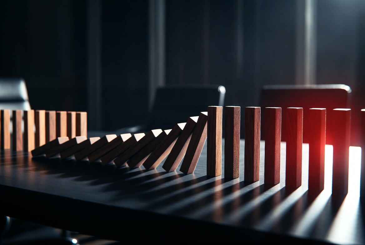 Chain reaction of falling dominoes illustrating the corporate crisis spiral: revenue decline leading to talent exodus and forced RIF