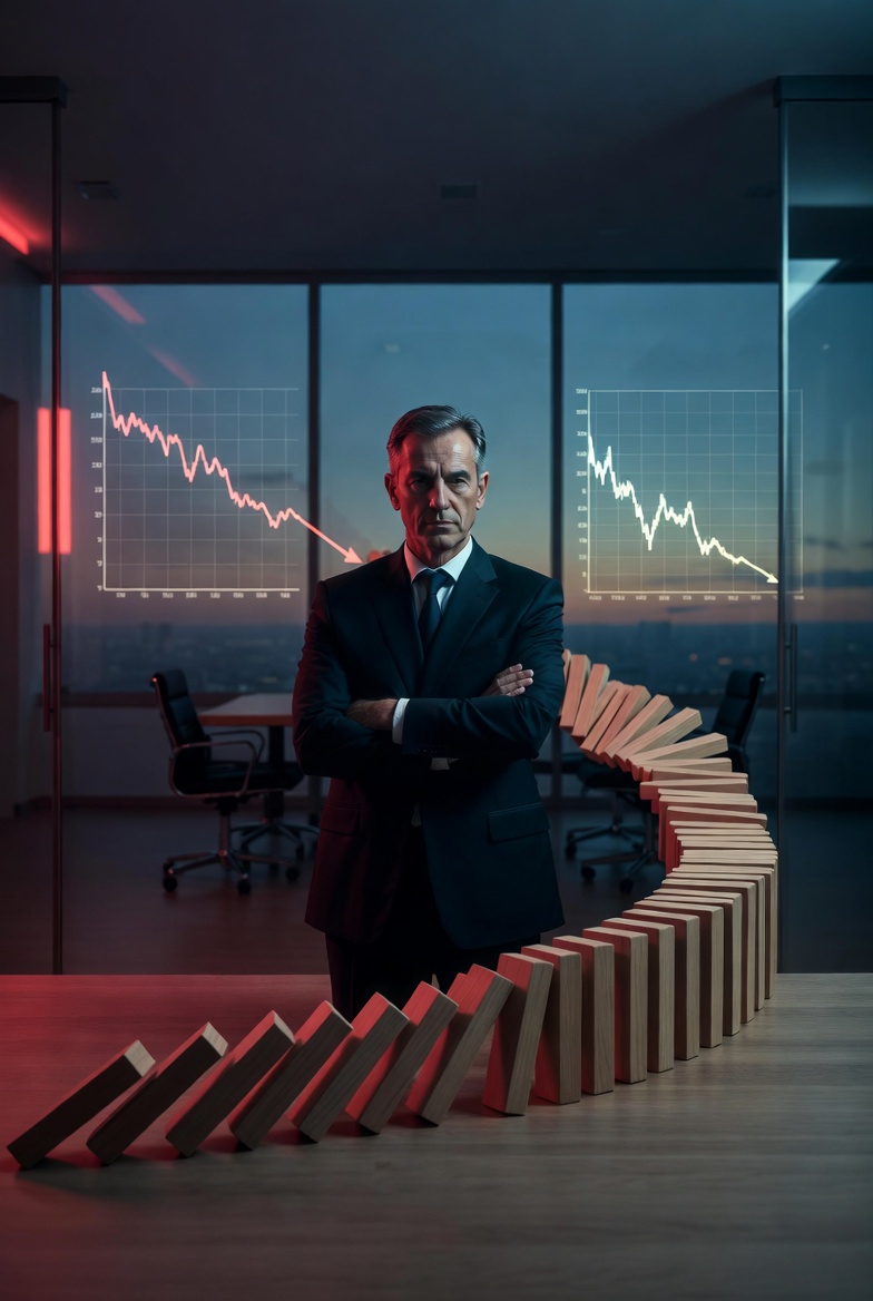 Determined executive standing firm as dominoes fall in a corporate crisis, symbolizing turnaround leadership during revenue decline and restructuring