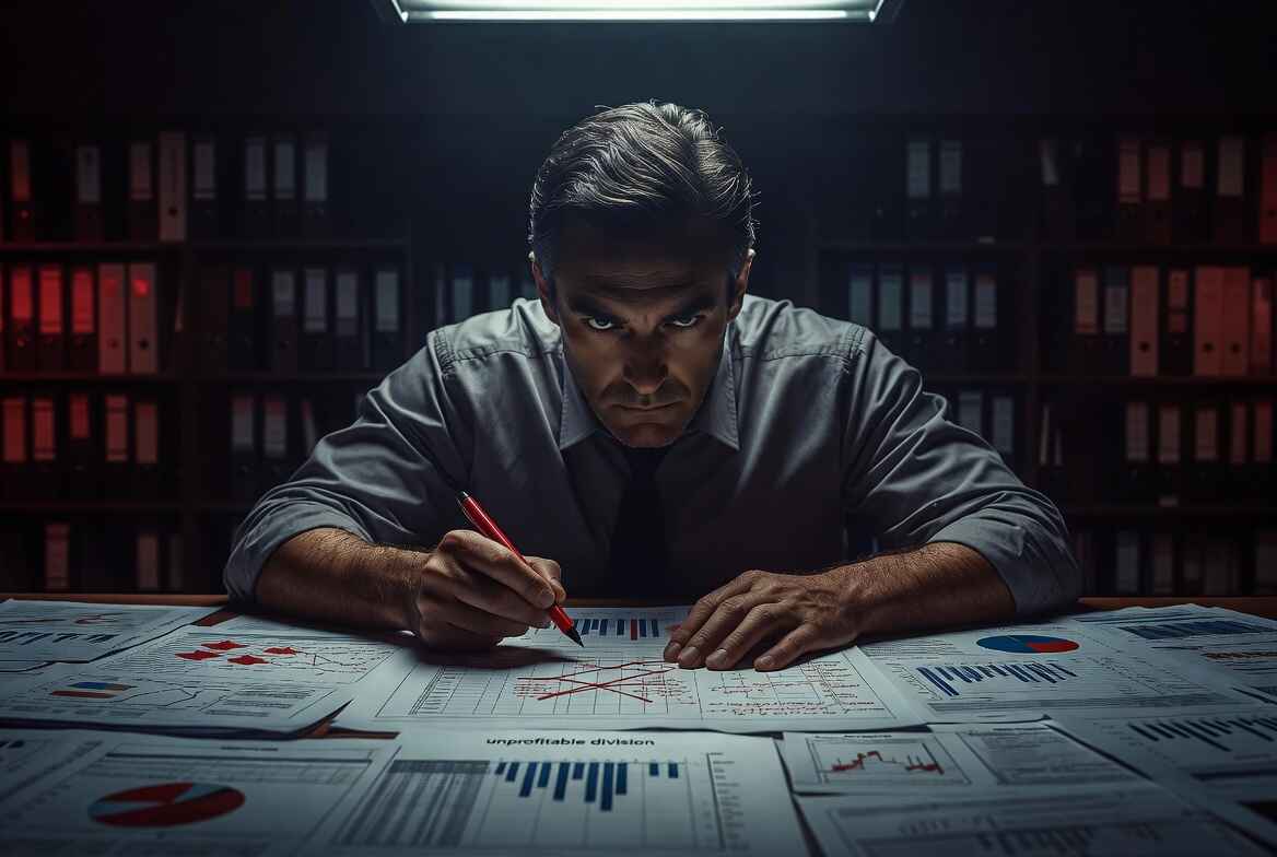 Turnaround CEO decisively reviewing financials and marking unprofitable units for immediate action during crisis