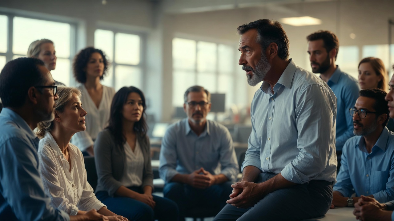 Compassionate yet authoritative executive listening to remaining team members after a difficult RIF, rebuilding trust