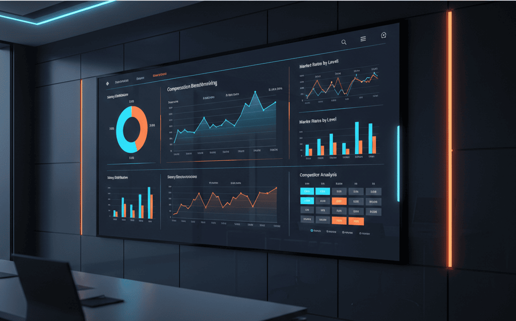 Modern dashboard with compensation benchmarking charts and talent market insights