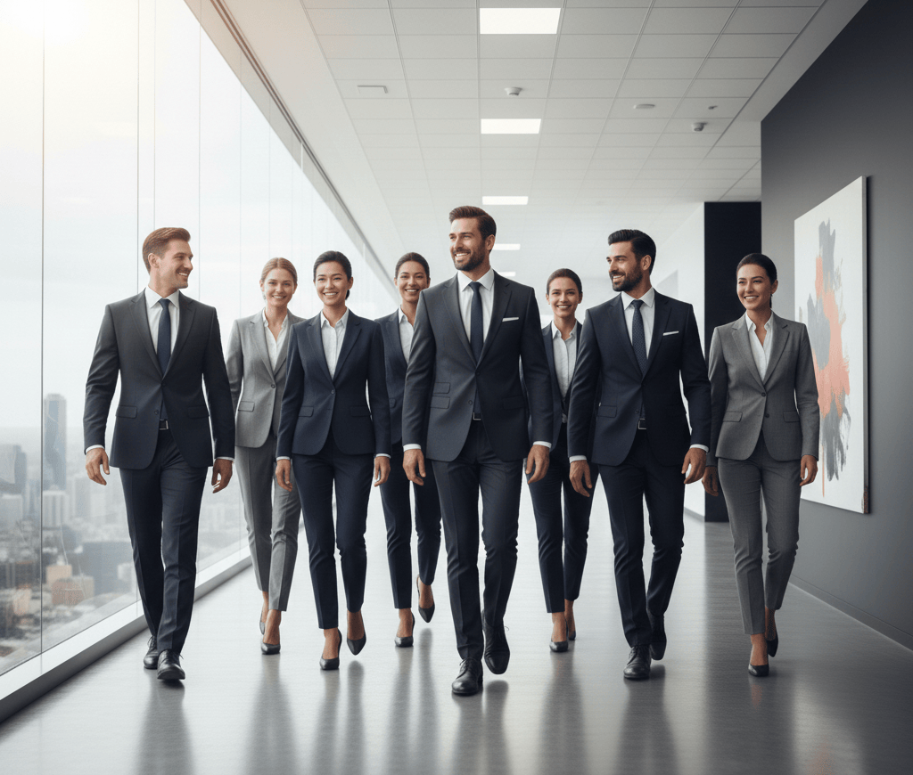 Diverse, confident C-level executives walking together in a corporate hallway, embodying strong leadership
