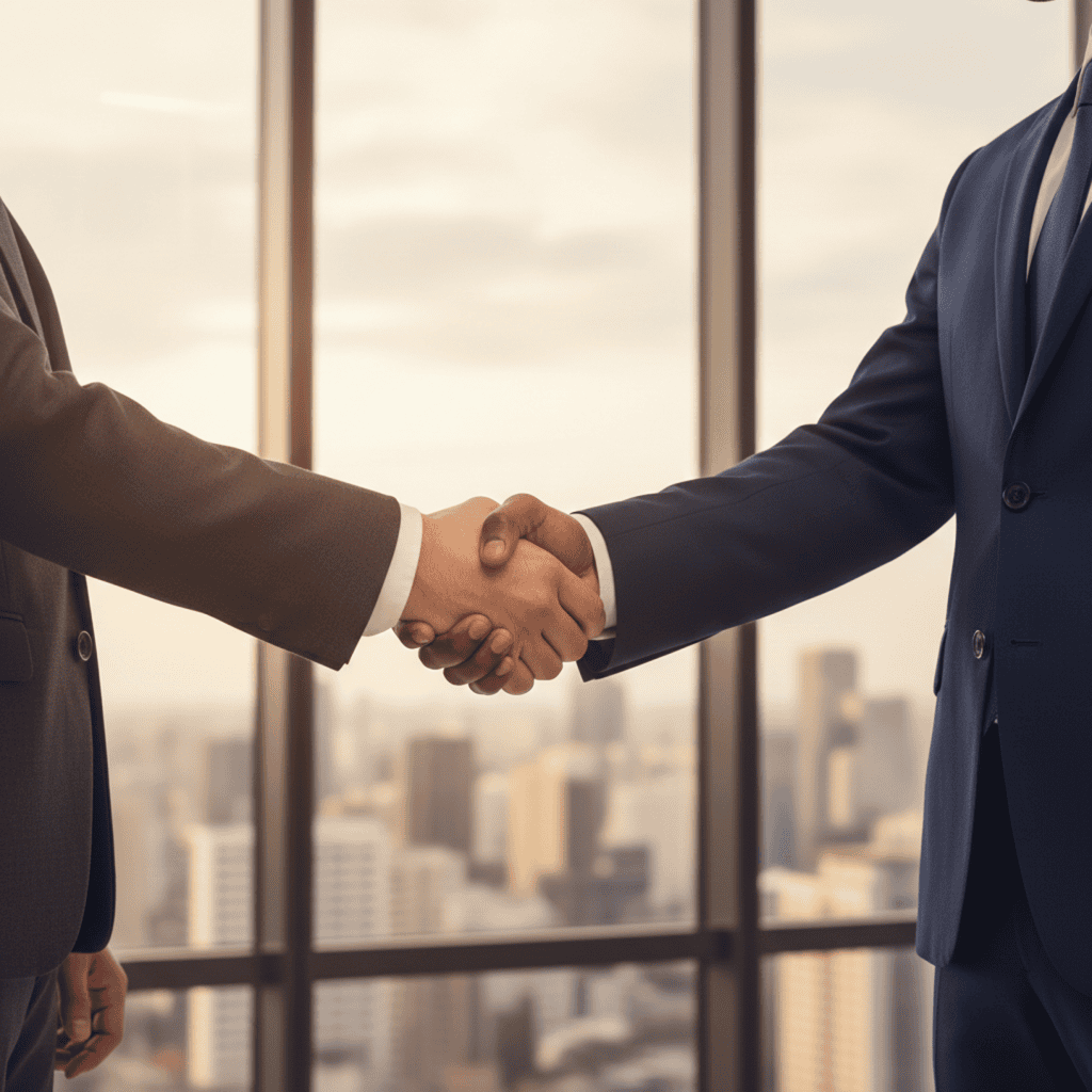 Business professionals shaking hands in agreement, symbolizing a committed retained executive search partnership