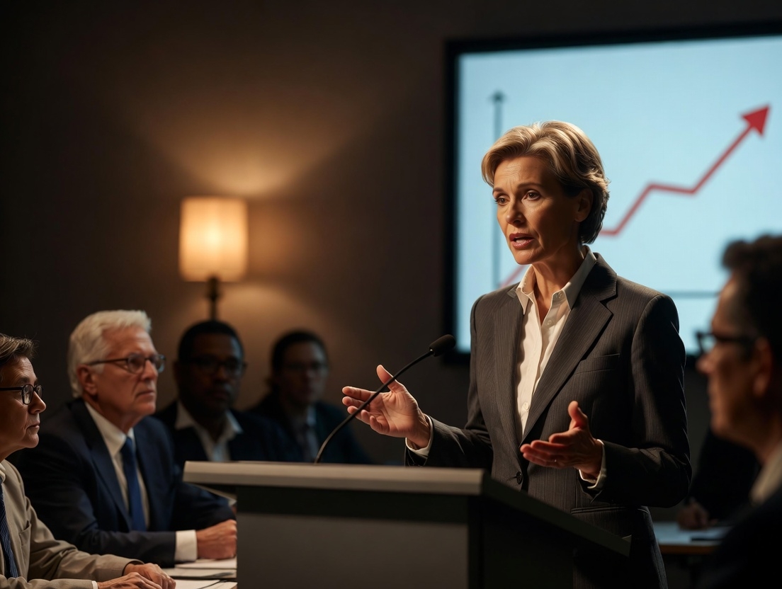 Crisis executive delivering tough but honest town-hall message to anxious employees with clarity and empathy