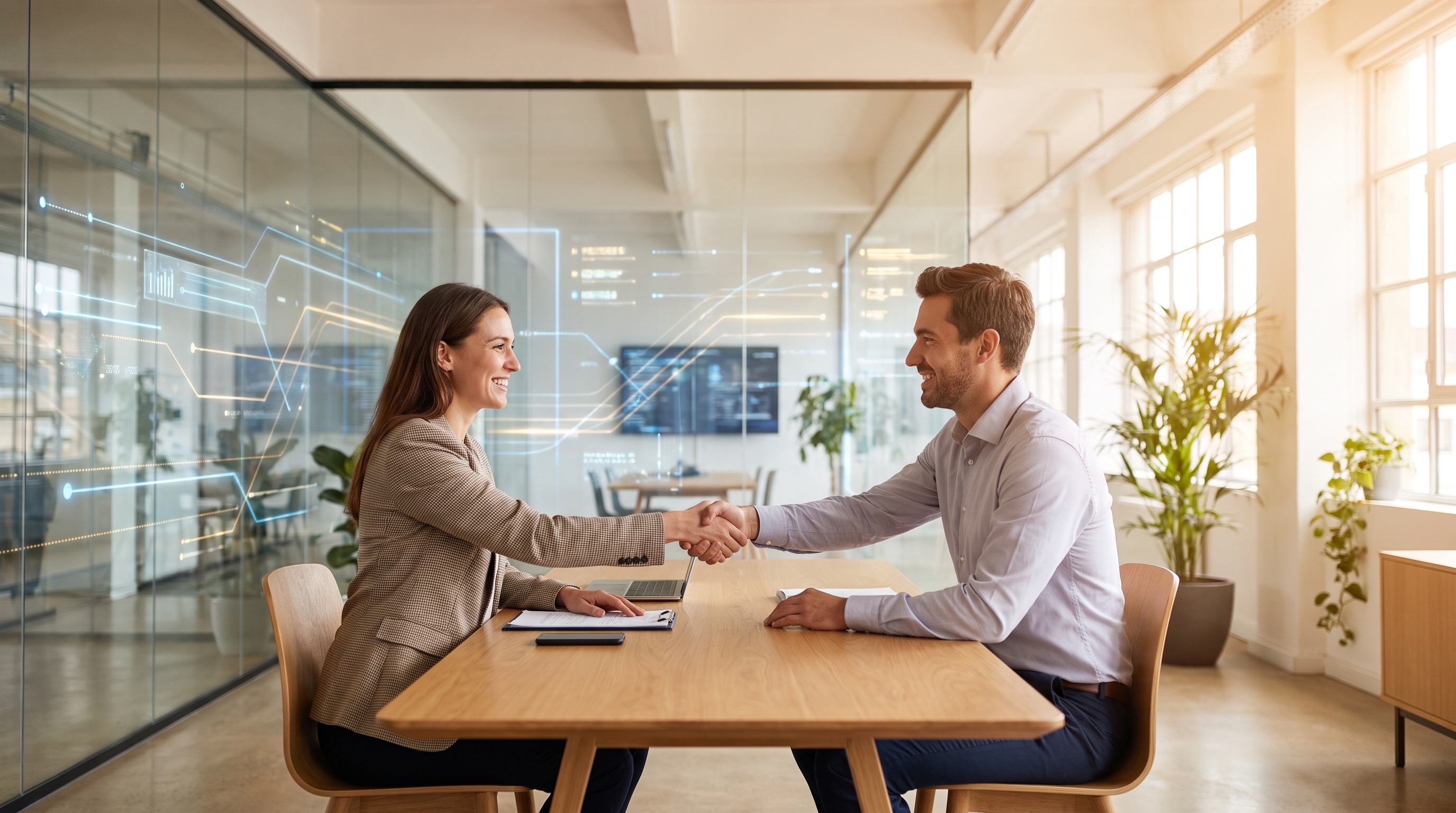 Recruiter and job candidate shaking hands in a bright modern office with subtle AI data visualizations in the background, showing technology assisting rather than replacing human hiring decisions