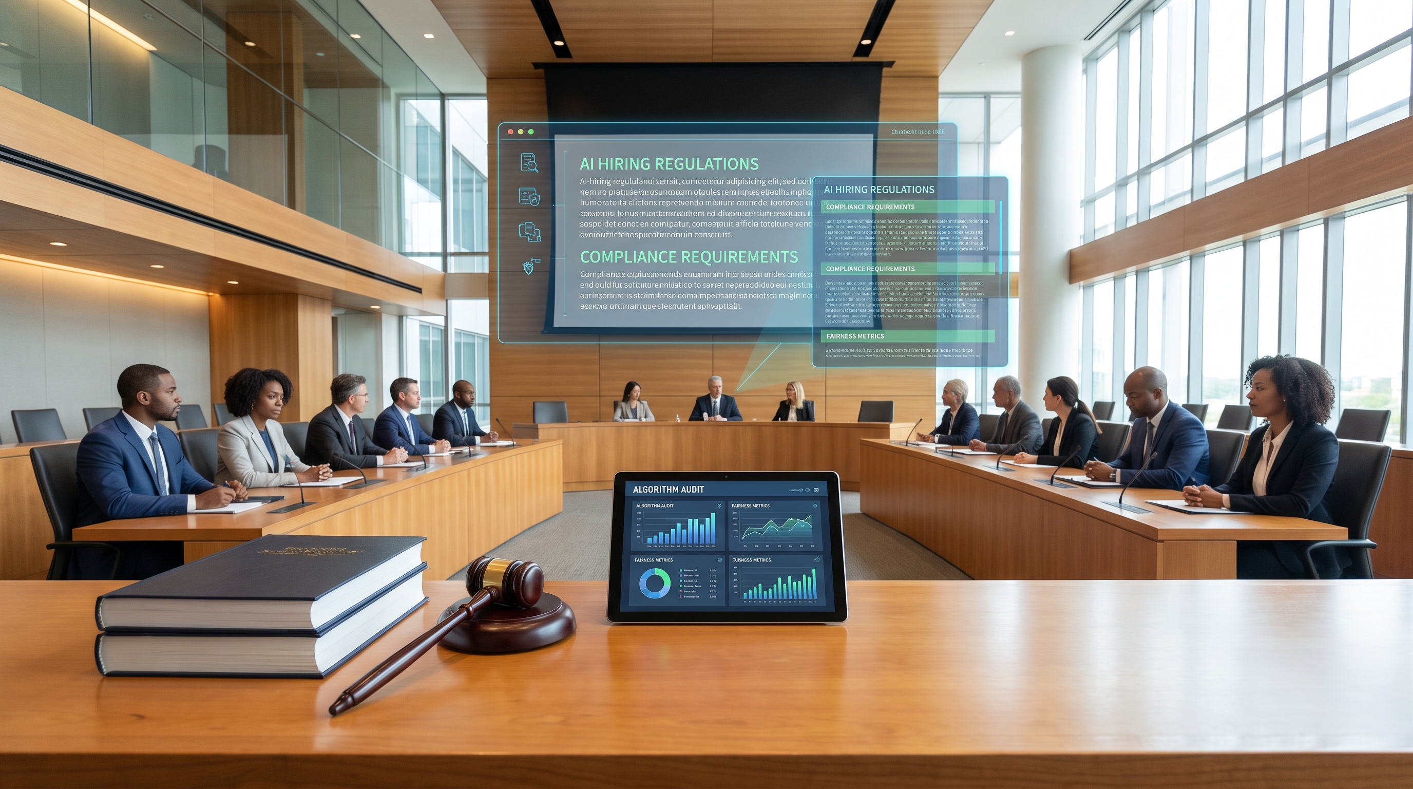 Government regulatory setting with legal documents, gavel, and tablet displaying AI algorithm audit charts and fairness compliance metrics, representing the new era of AI hiring regulation