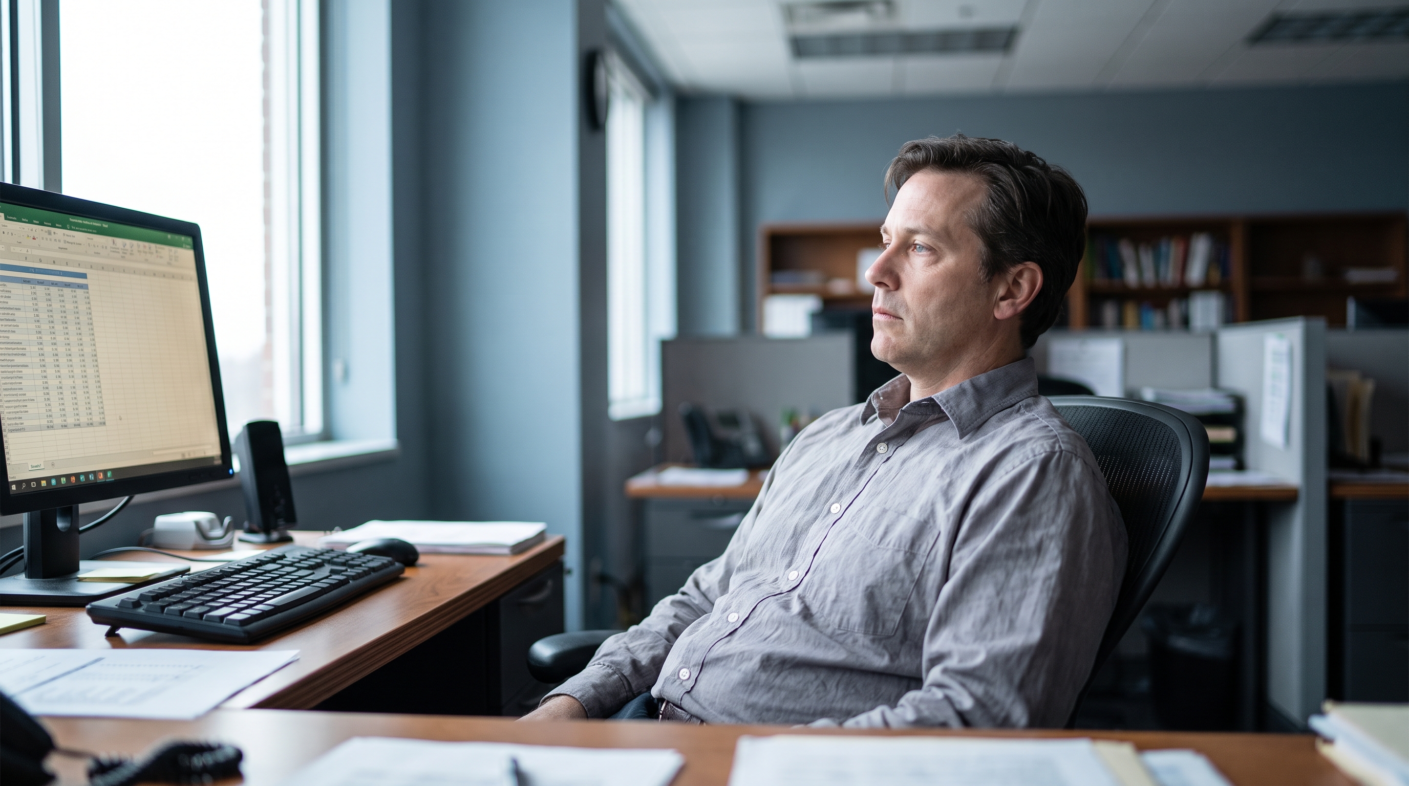 Close-up of a tired professional staring blankly at a computer monitor with a thousand-yard stare, showing signs of emotional exhaustion and burnout at work