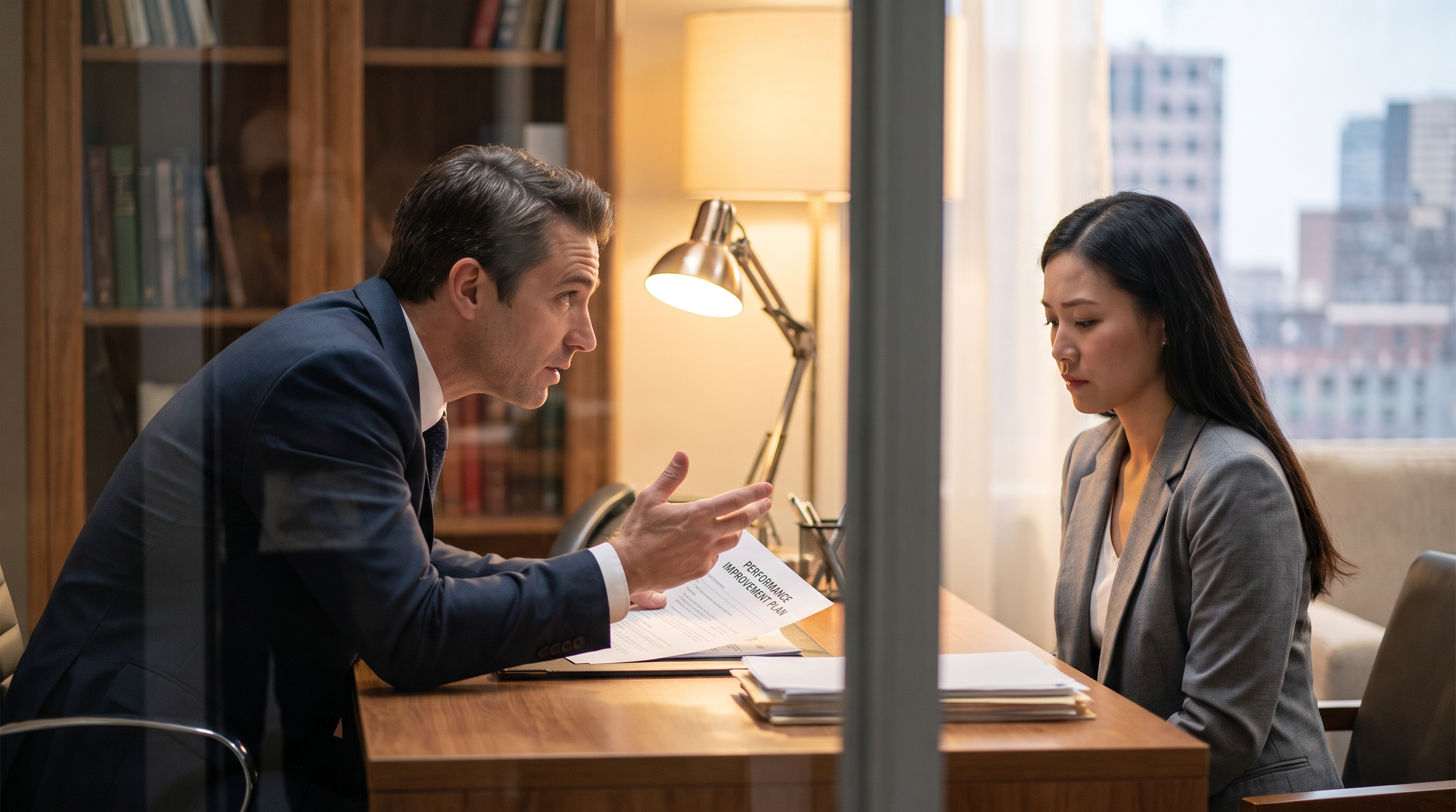 Manager having a difficult conversation with an employee in a private office, with a performance improvement plan document visible on the desk, representing structured feedback and accountability