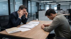 Frustrated manager sitting across a desk from an underperforming employee, both looking uncomfortable, representing the difficult reality of a bad hire situation