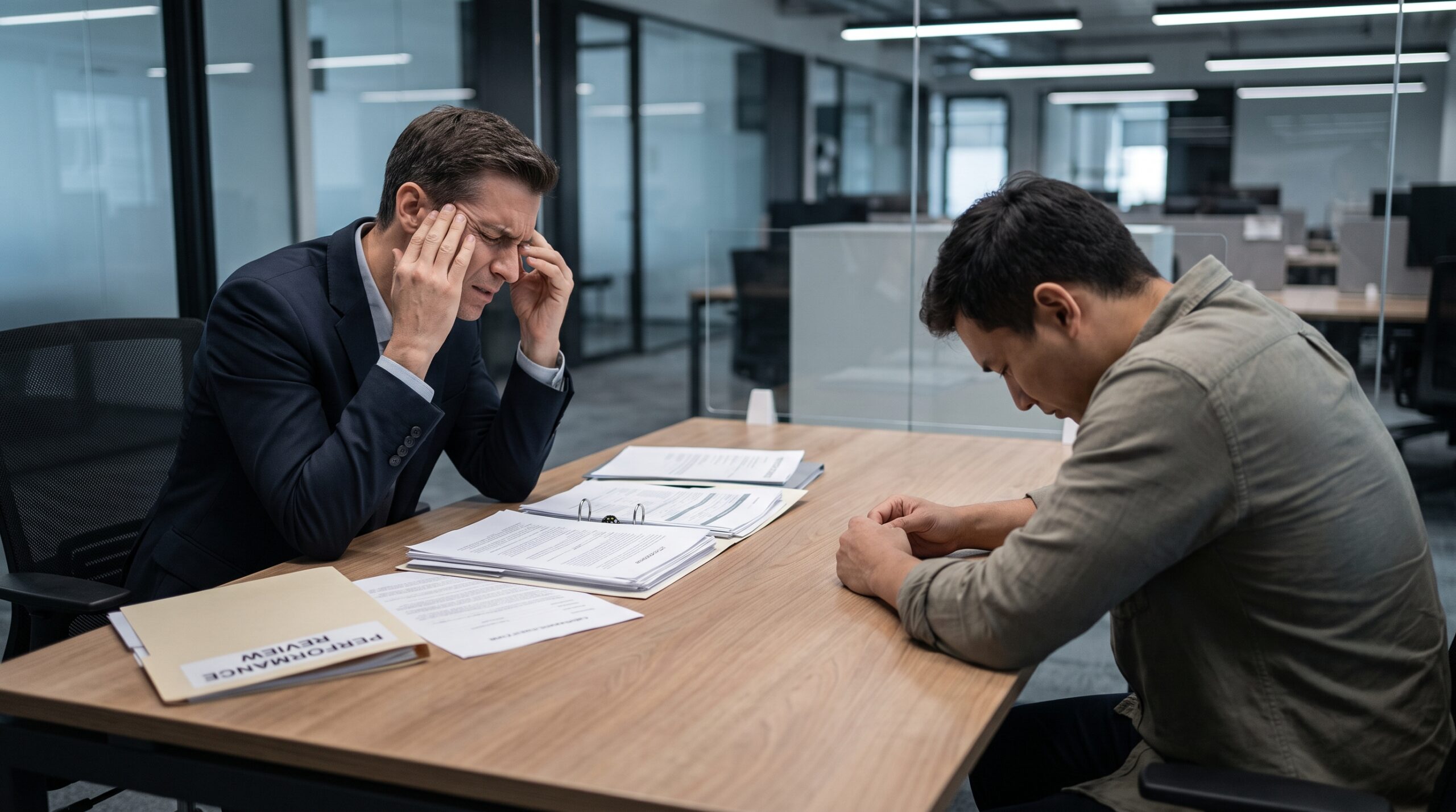 Frustrated manager sitting across a desk from an underperforming employee, both looking uncomfortable, representing the difficult reality of a bad hire situation