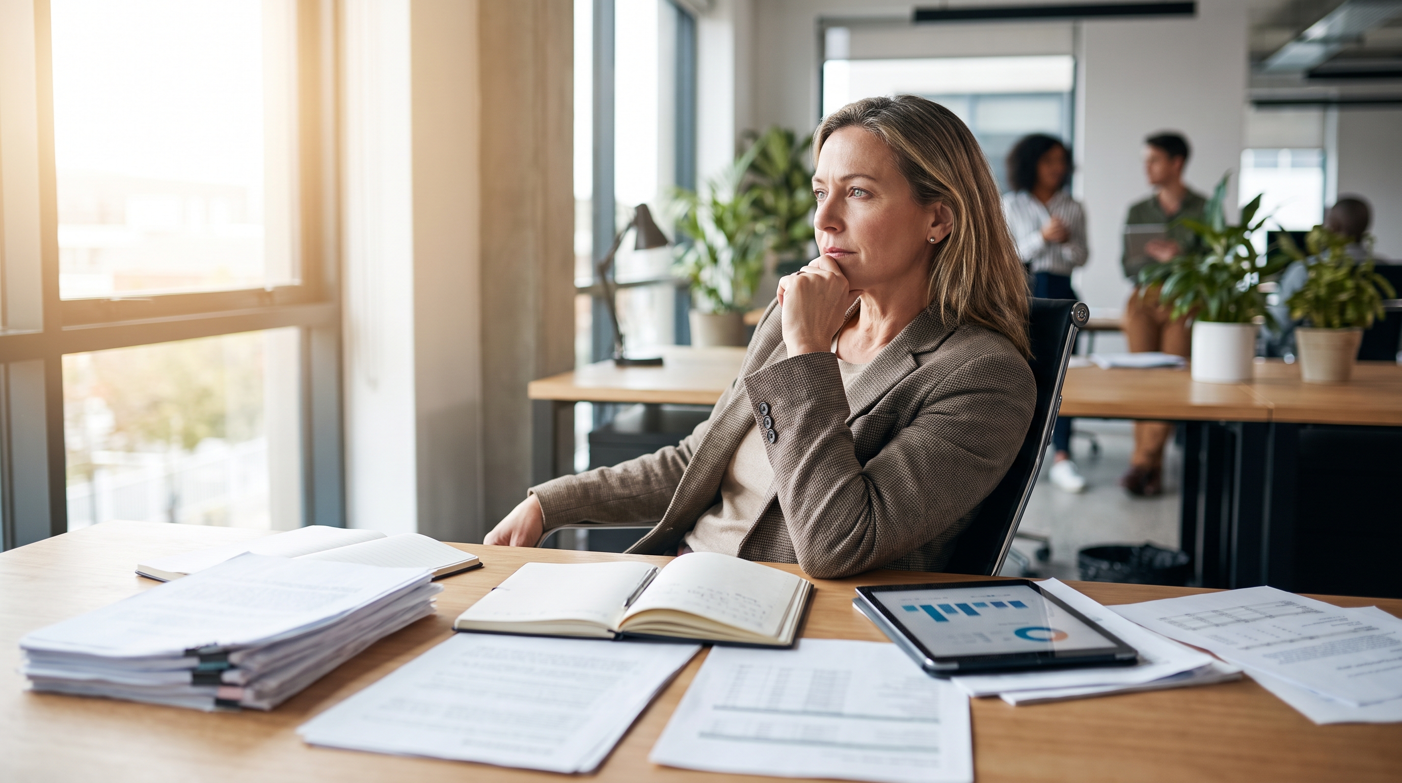 Hiring manager reviewing resumes and interview notes at a desk, reflecting on the hiring process to improve future outcomes, representing learning from hiring mistakes