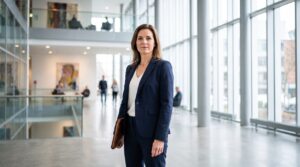 Confident business professional standing in a modern glass office building lobby, representing personal brand identity and professional presence