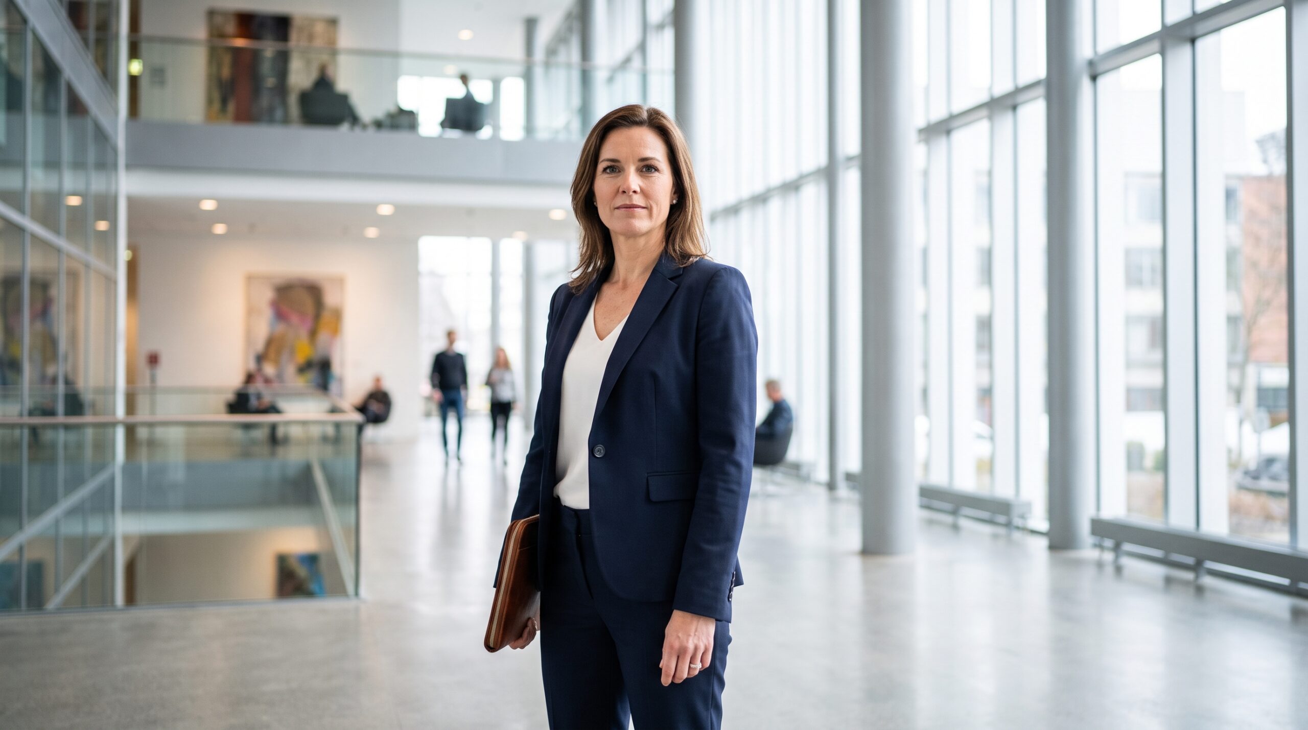 Confident business professional standing in a modern glass office building lobby, representing personal brand identity and professional presence