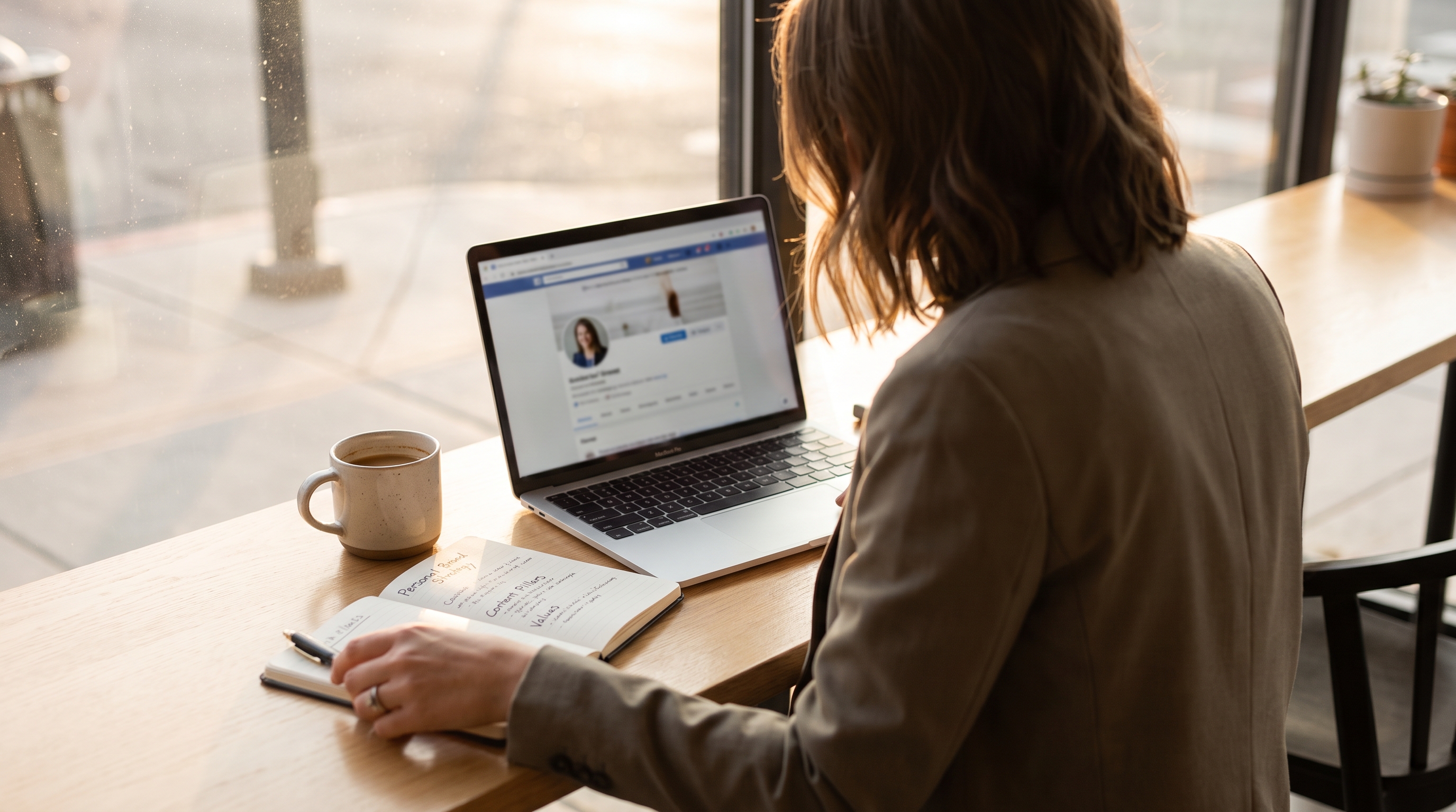 Professional working on their personal brand at a modern desk with laptop open to LinkedIn, notebook with brand strategy notes, representing intentional online presence building