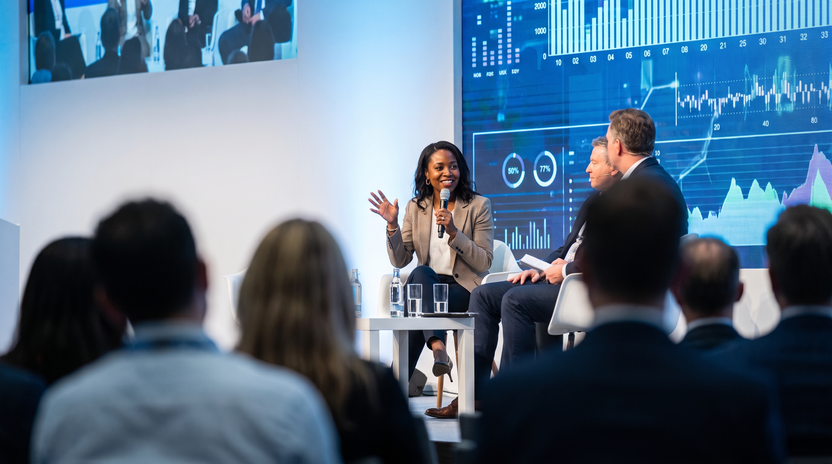 Professional speaking confidently at a industry conference panel, with audience visible in foreground, representing thought leadership and personal brand authority