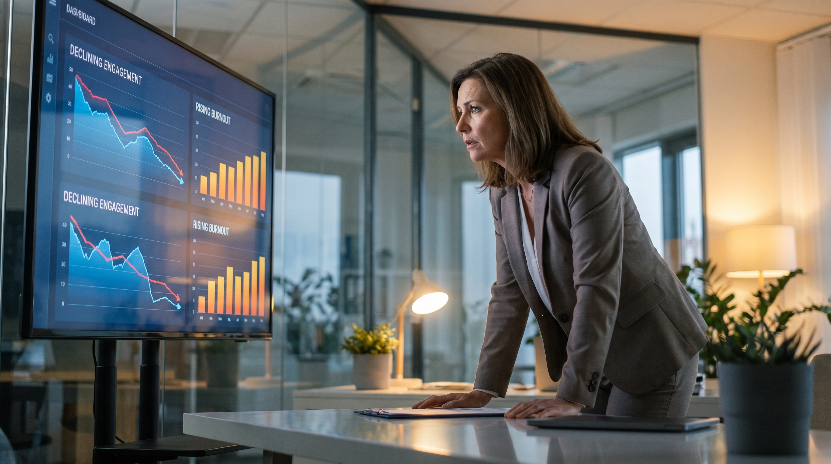 Business leader analyzing employee well-being metrics and burnout statistics on a large monitor showing declining engagement and rising burnout trends in the modern workplace