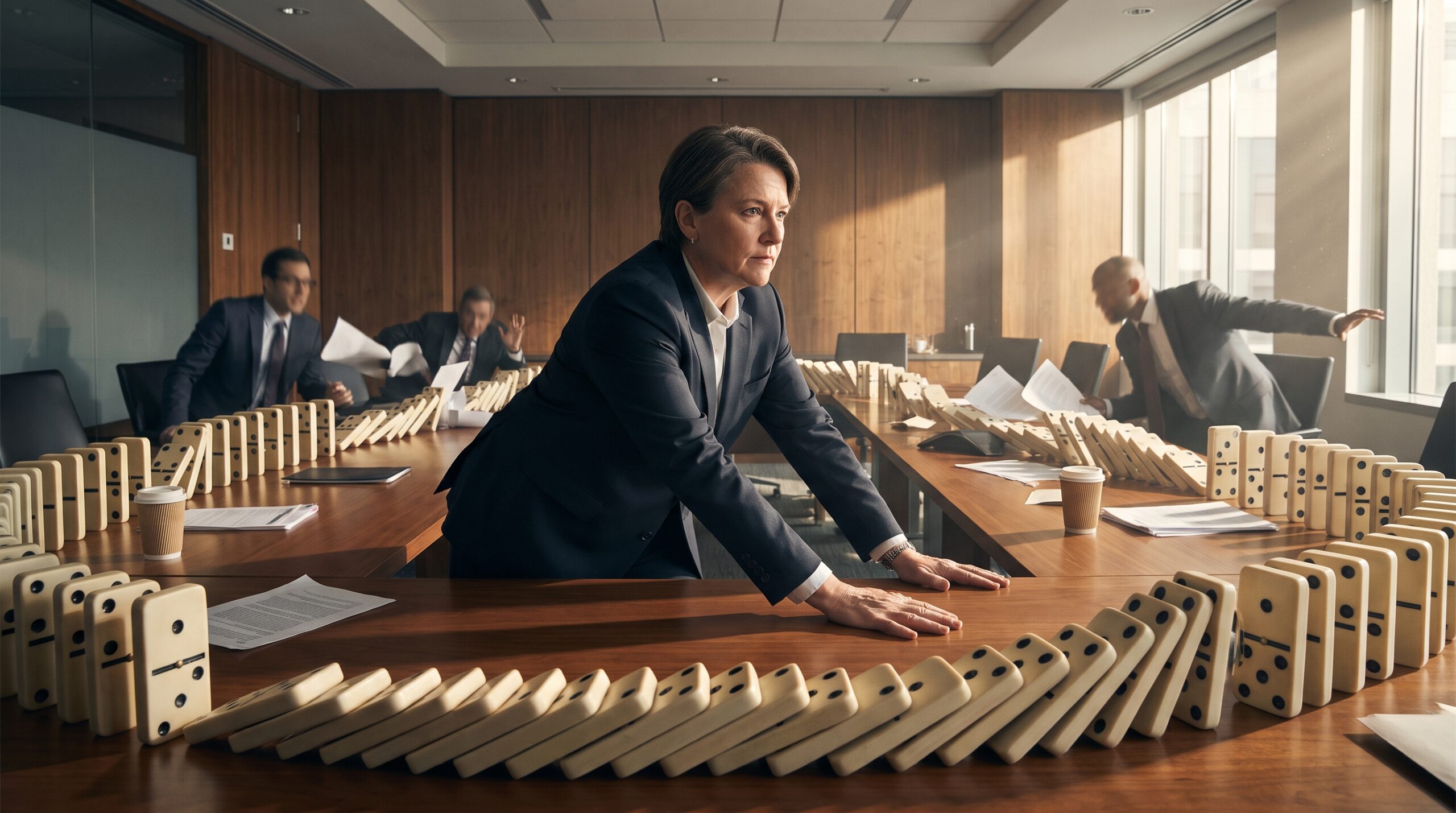 Determined executive standing firm at a boardroom table while dominoes fall dramatically around them, symbolizing crisis leadership and turnaround during corporate turmoil