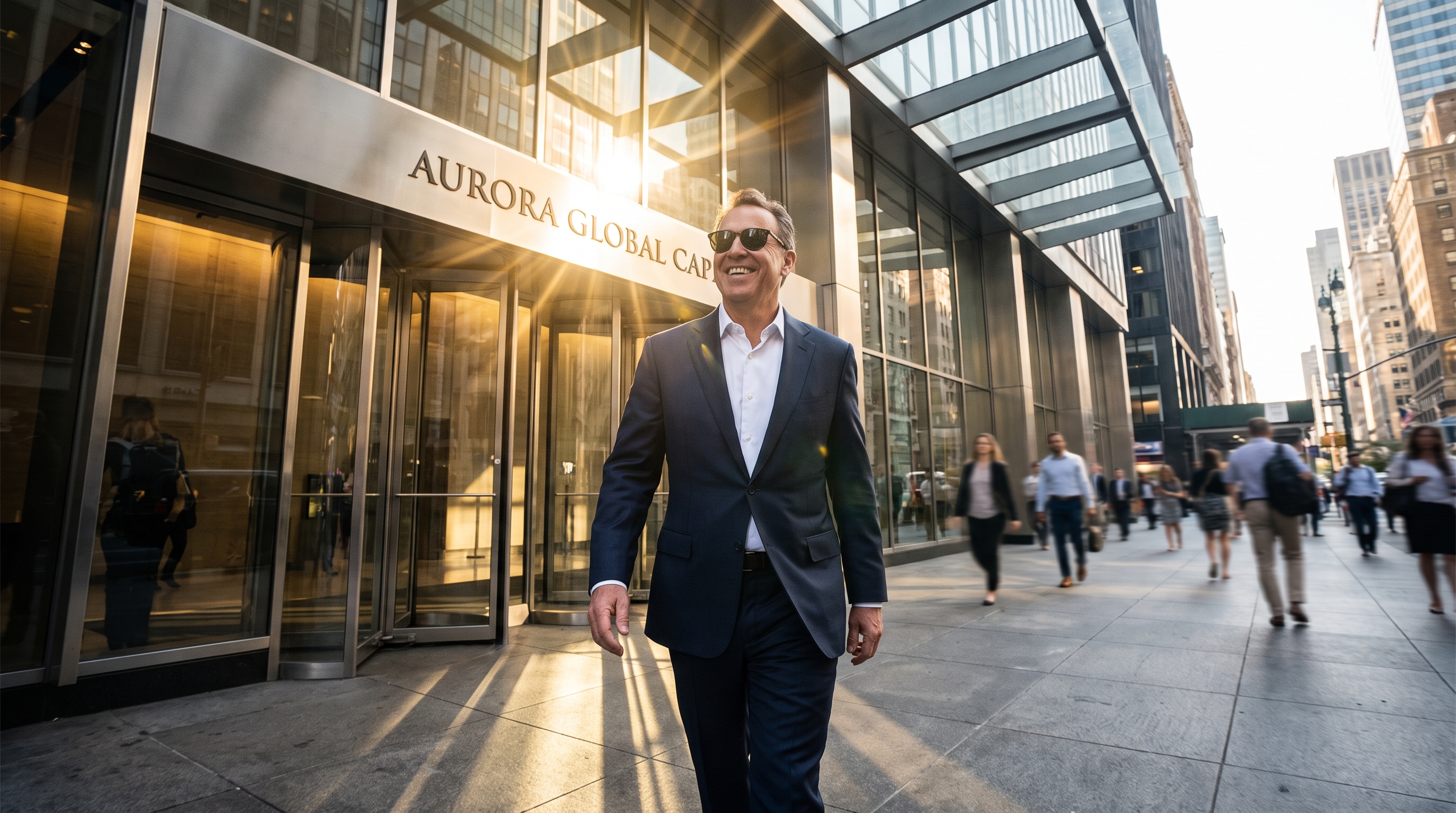Confident executive walking out of a corporate building into bright sunlight after successfully navigating a crisis turnaround, symbolizing resilience and recovery
