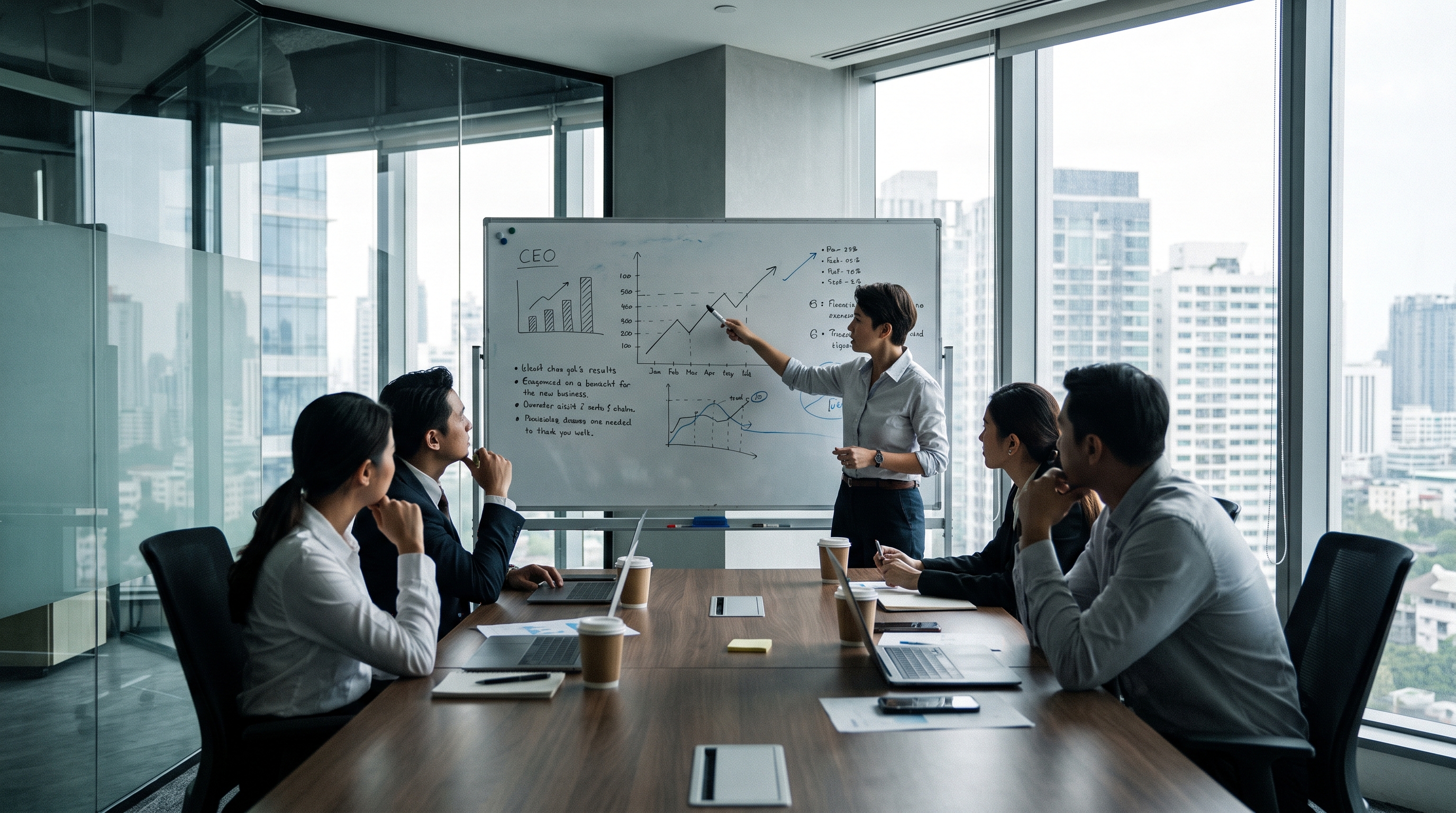 Turnaround CEO leading an emergency strategy meeting with leadership team, pointing at a whiteboard showing recovery metrics and action plans, representing decisive crisis management