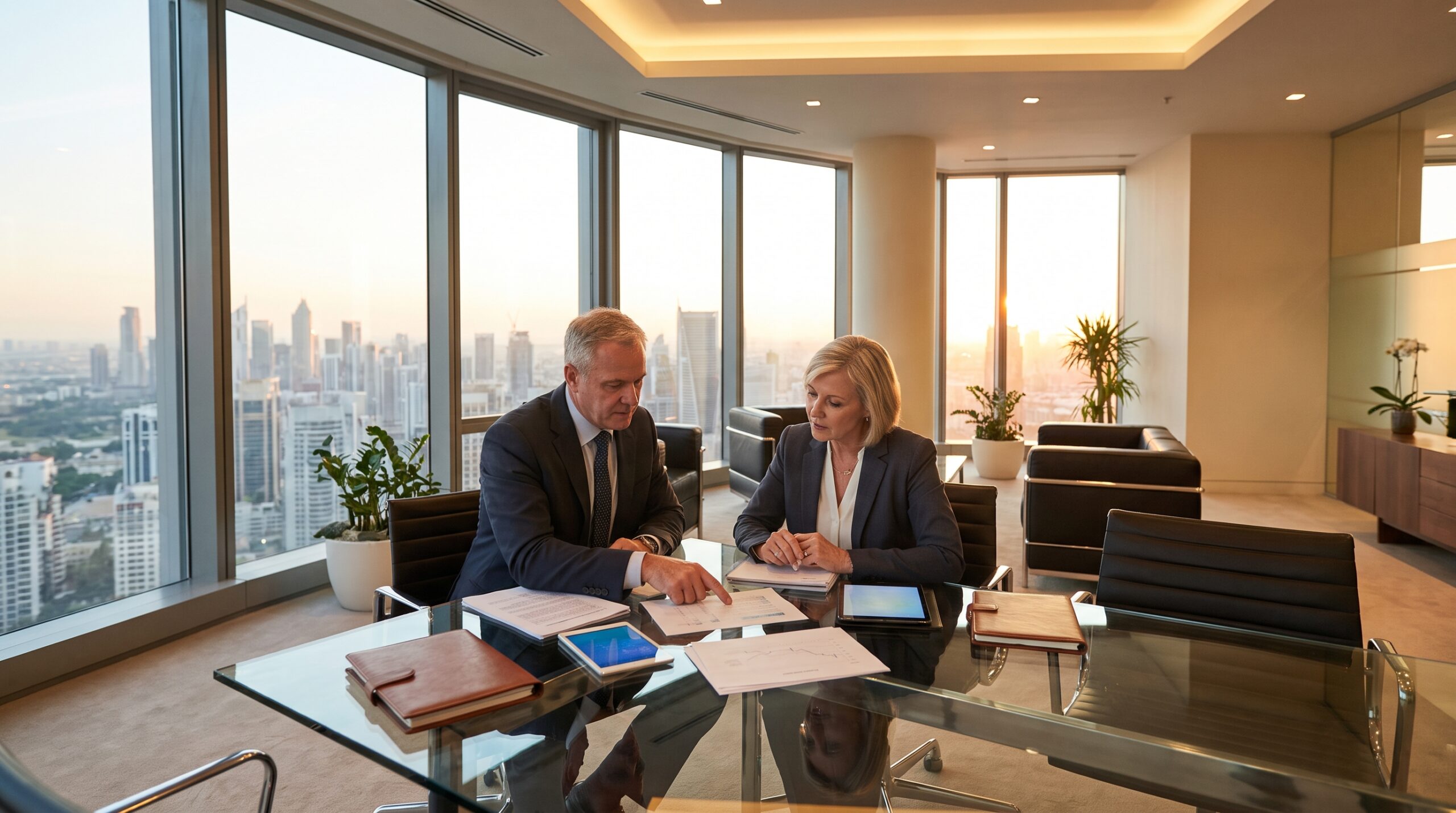 Two senior executives in strategic discussion at a glass conference table in a modern office with panoramic city view, representing executive-level recruitment and leadership placement