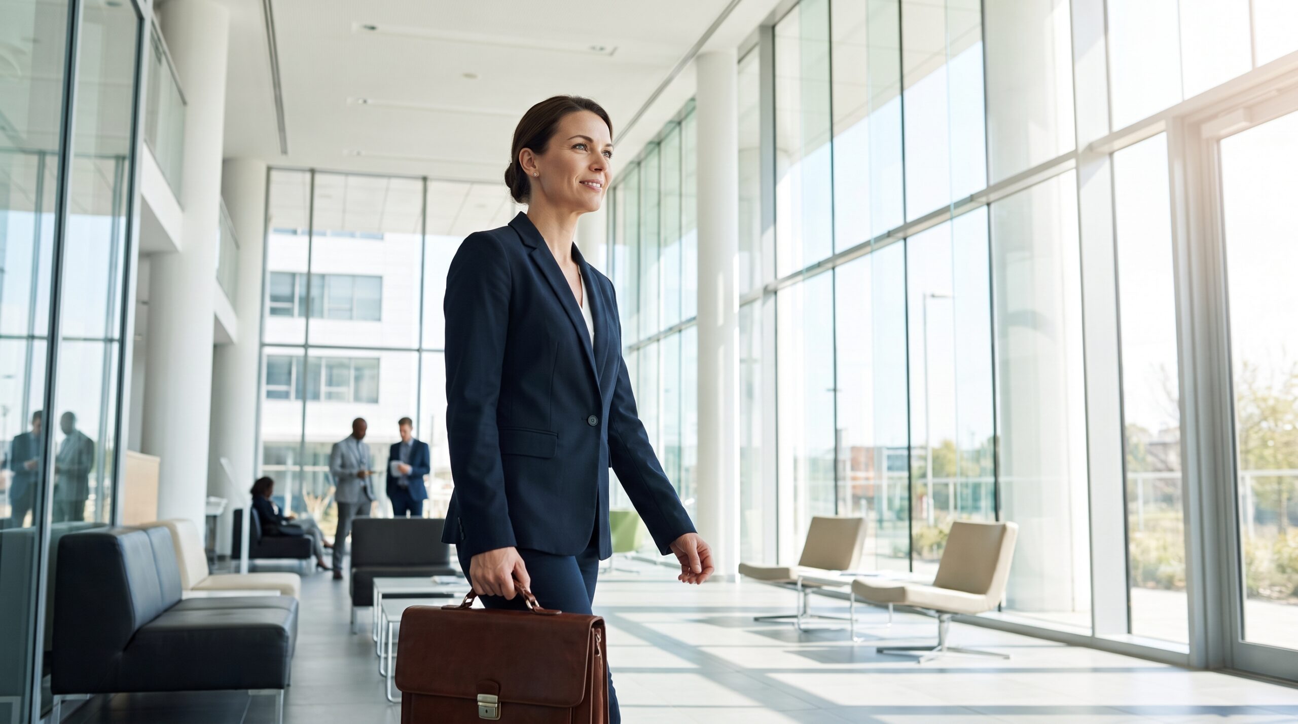 Newly placed CEO walking confidently into their new corporate office for the first time, representing successful executive placement and new leadership beginning