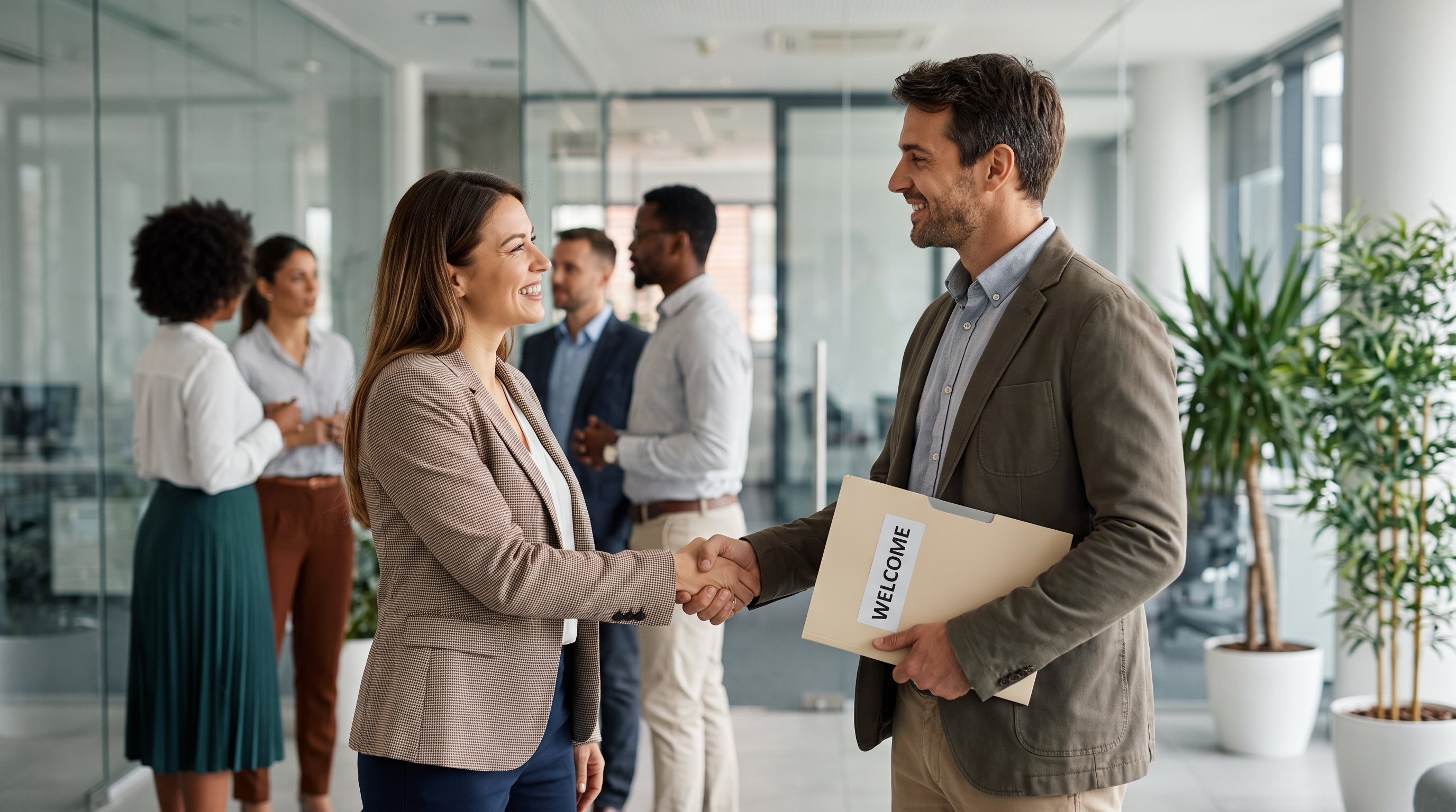 Hiring manager shaking hands with a new employee holding a welcome packet in a bright modern office lobby, representing a successful hire and onboarding