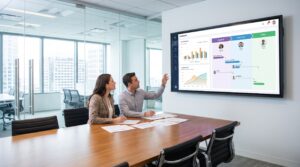 Hiring manager and recruiter reviewing candidate profiles on a large screen showing a hiring pipeline dashboard with timeline metrics, representing data-driven recruitment