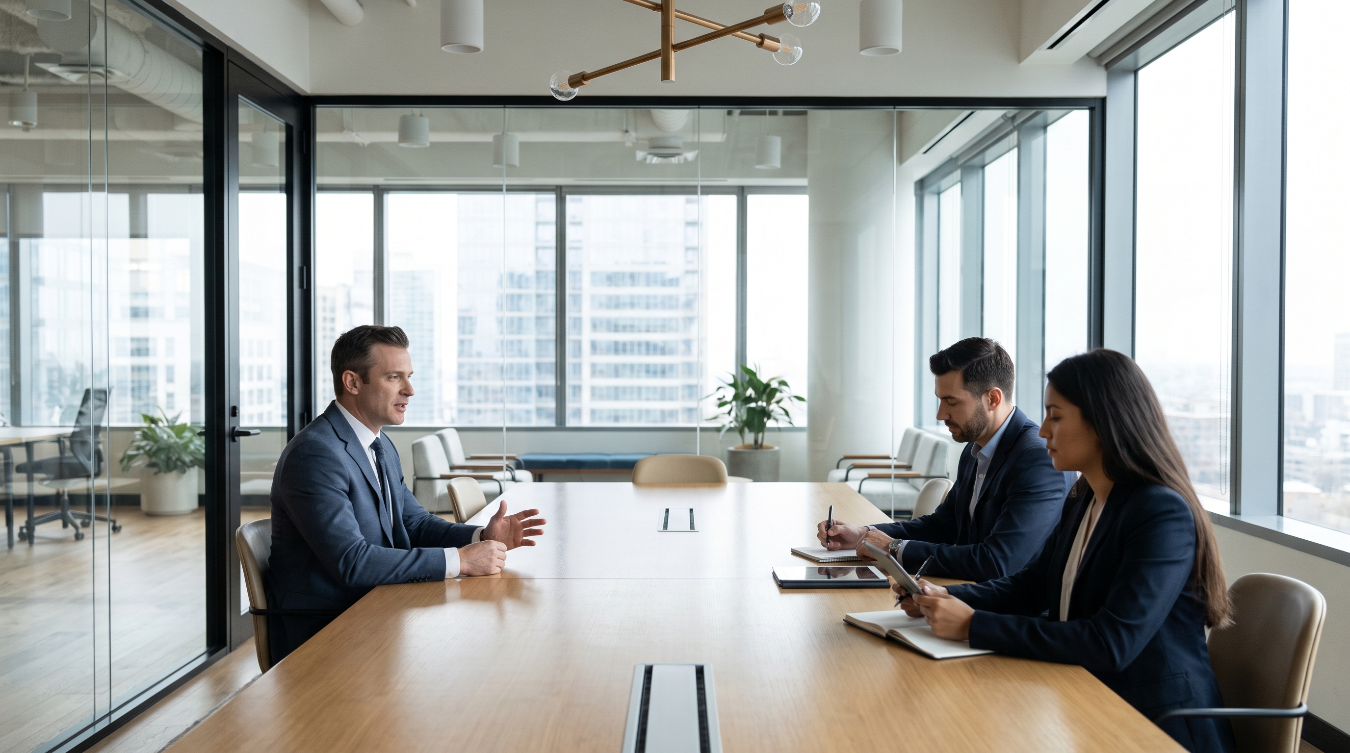 Executive interview scene with candidate confidently answering questions from two interviewers taking notes across a conference table in a modern corporate office, representing structured hiring processes