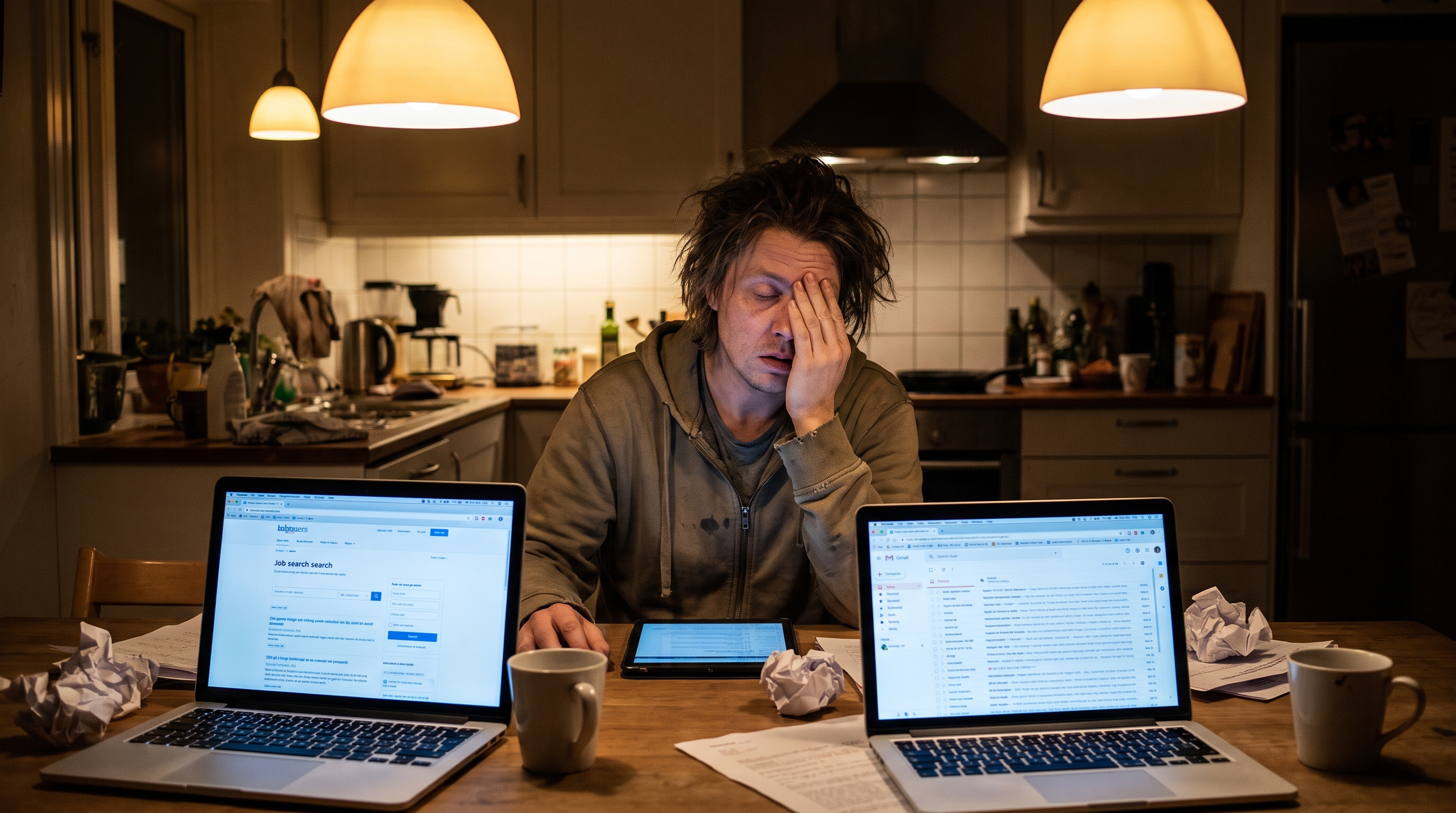 Frustrated job seeker late at night surrounded by multiple screens showing job applications, resume tools, and automated rejection emails, depicting the exhaustion of modern job hunting