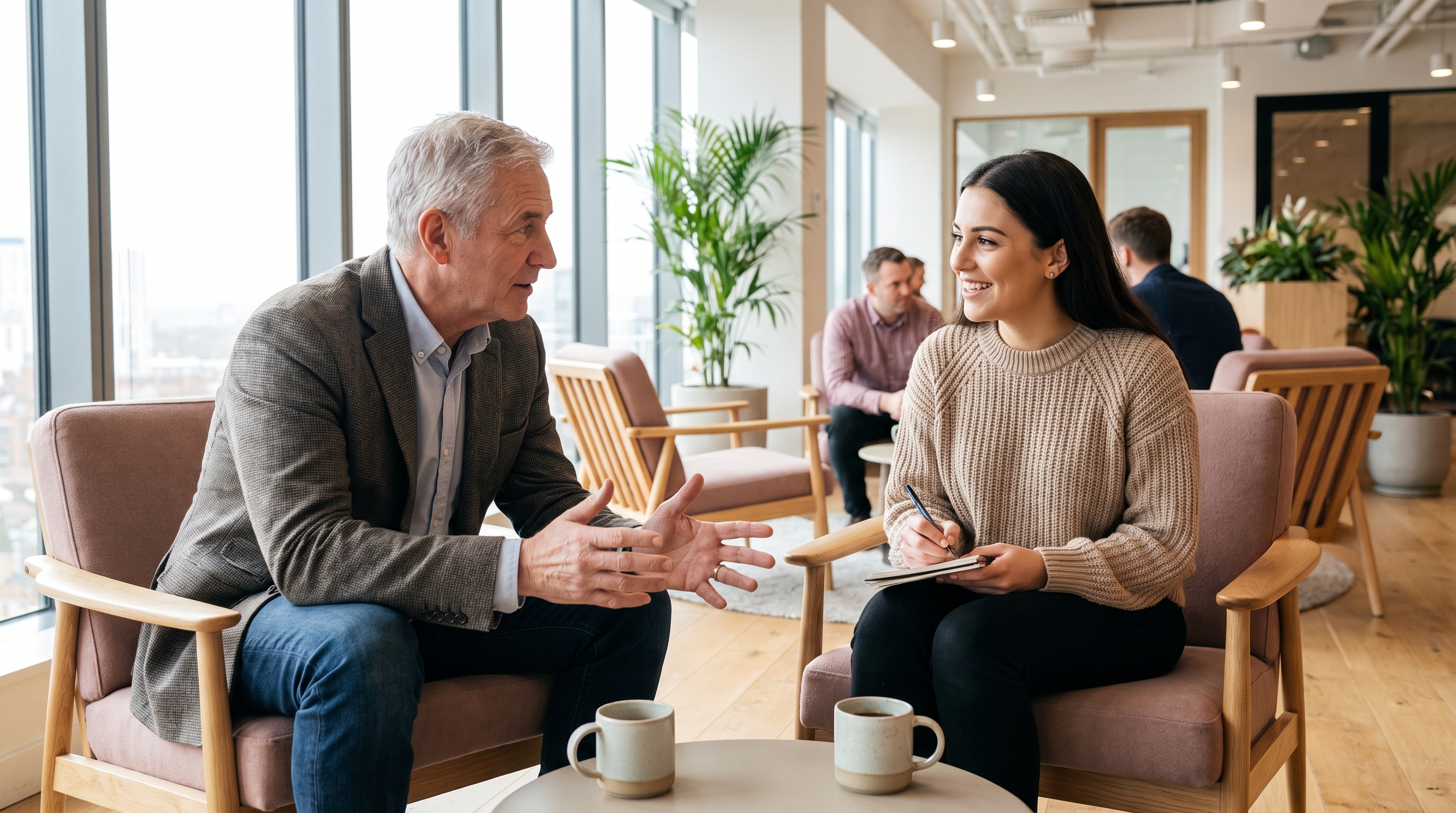 Experienced senior mentor having a one-on-one conversation with a younger colleague in a modern office breakout area, both learning from each other, representing reverse mentoring and knowledge transfer across generations