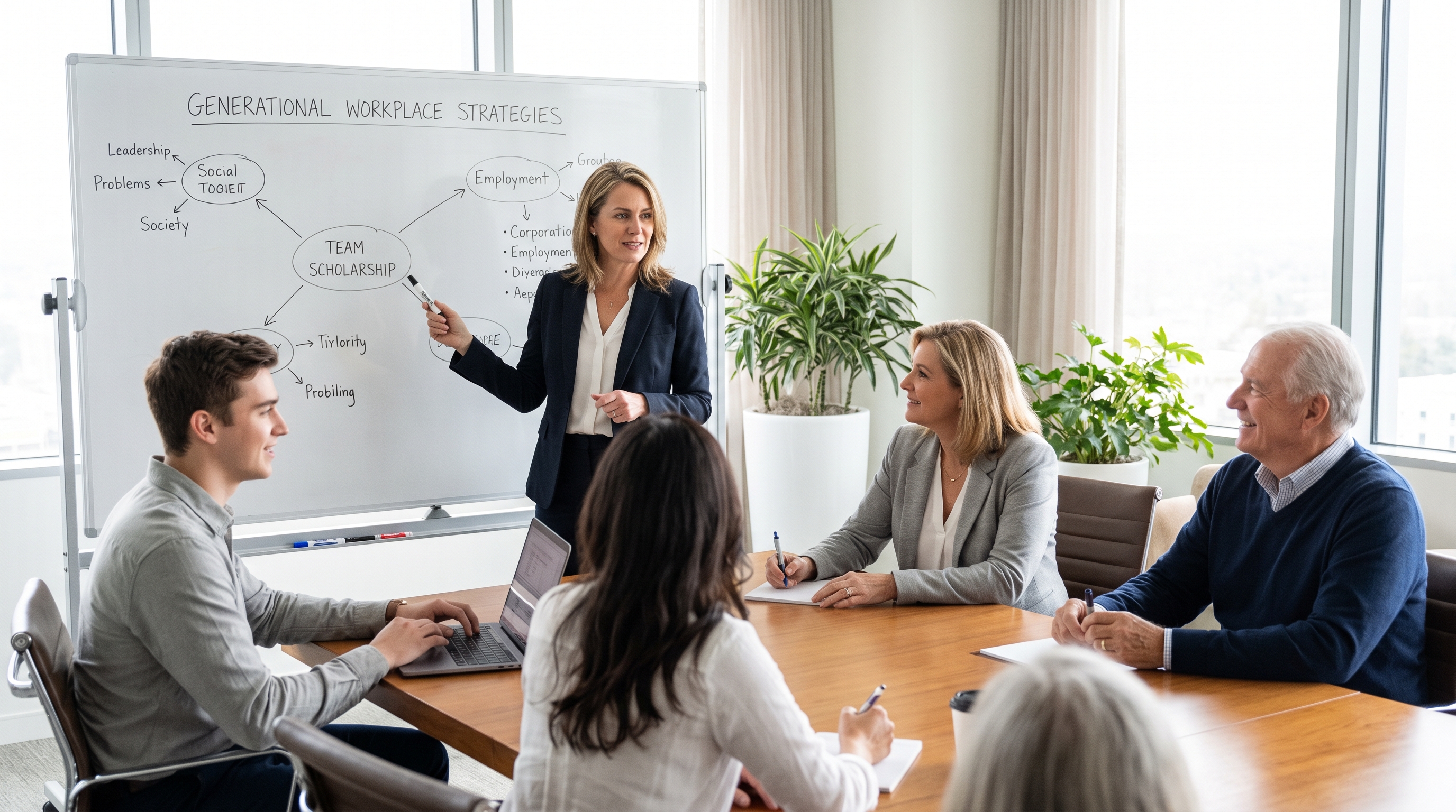 Team meeting where a leader presents generational workplace strategies on a whiteboard, with team members of varying ages engaged and contributing, representing inclusive leadership practices