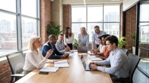 Diverse multigenerational team ranging from 20s to 60s collaborating around a conference table with laptops and documents in a modern office, representing five generations working together