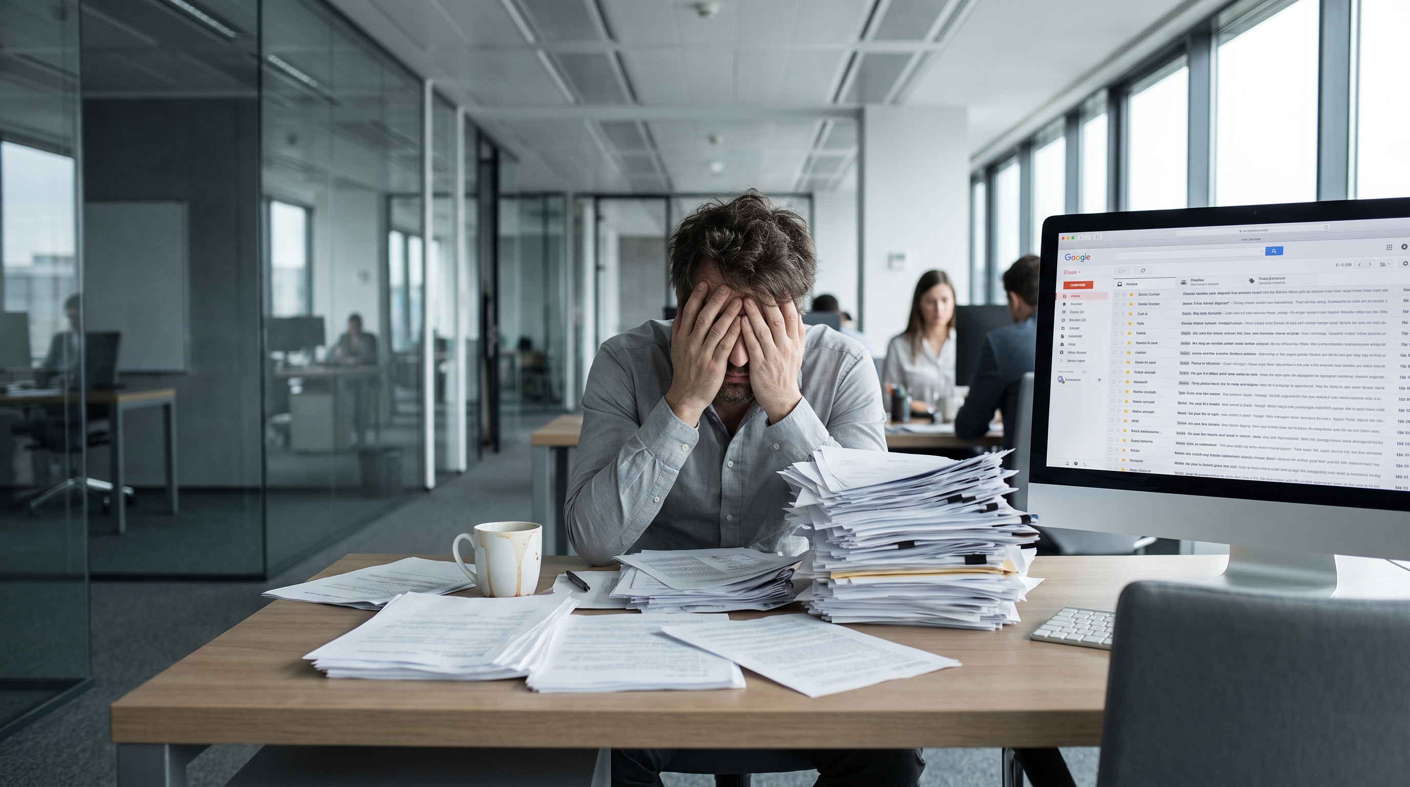 Overwhelmed recruiter at a desk facing massive stacks of resumes and hundreds of application notifications on screen, illustrating the volume crisis in modern recruitment