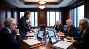 Corporate board meeting where a retained executive search firm presents candidate profiles to board of directors with professional binders and candidate summaries on the table, representing strategic executive placement