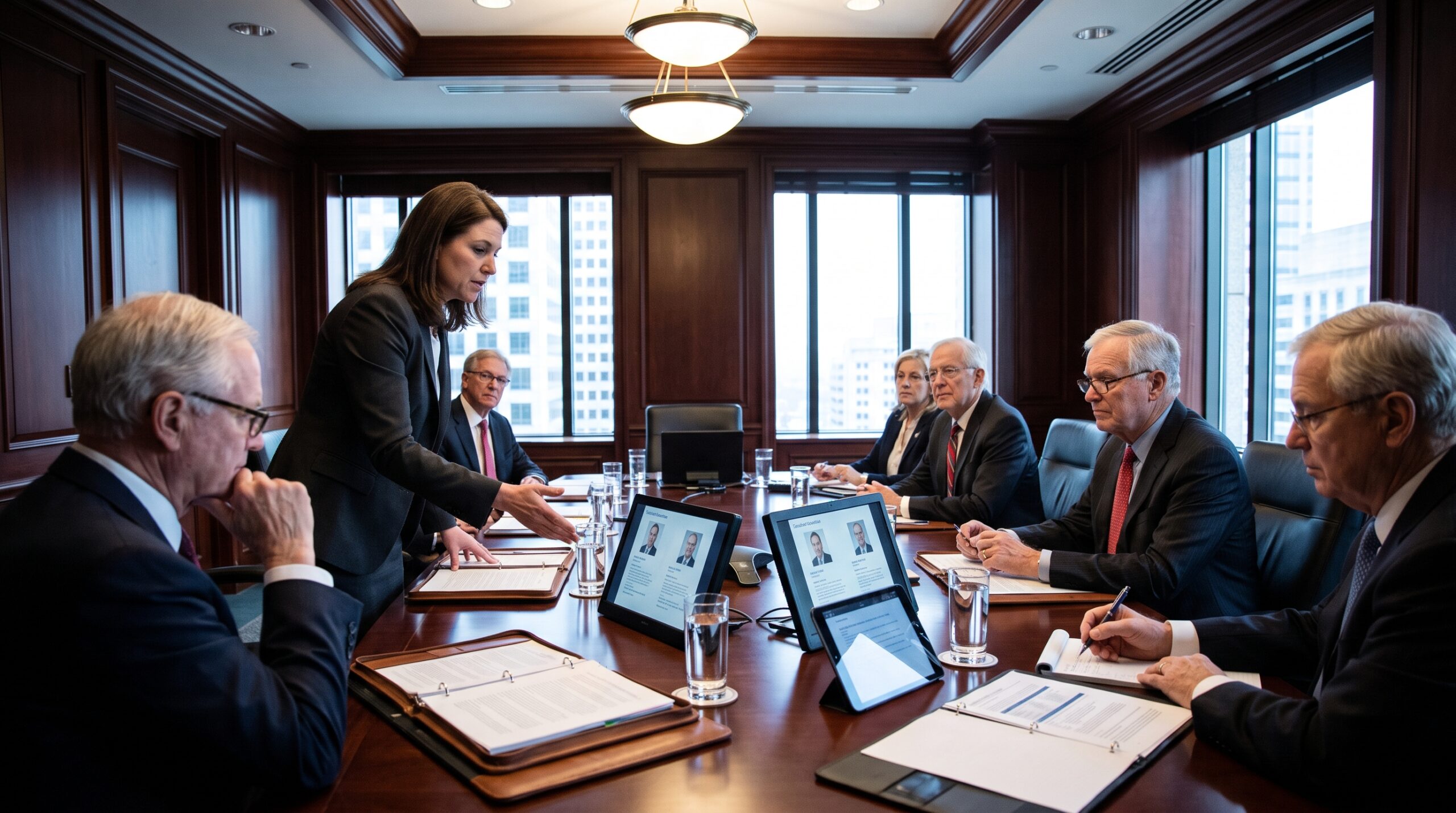 Corporate board meeting where a retained executive search firm presents candidate profiles to board of directors with professional binders and candidate summaries on the table, representing strategic executive placement