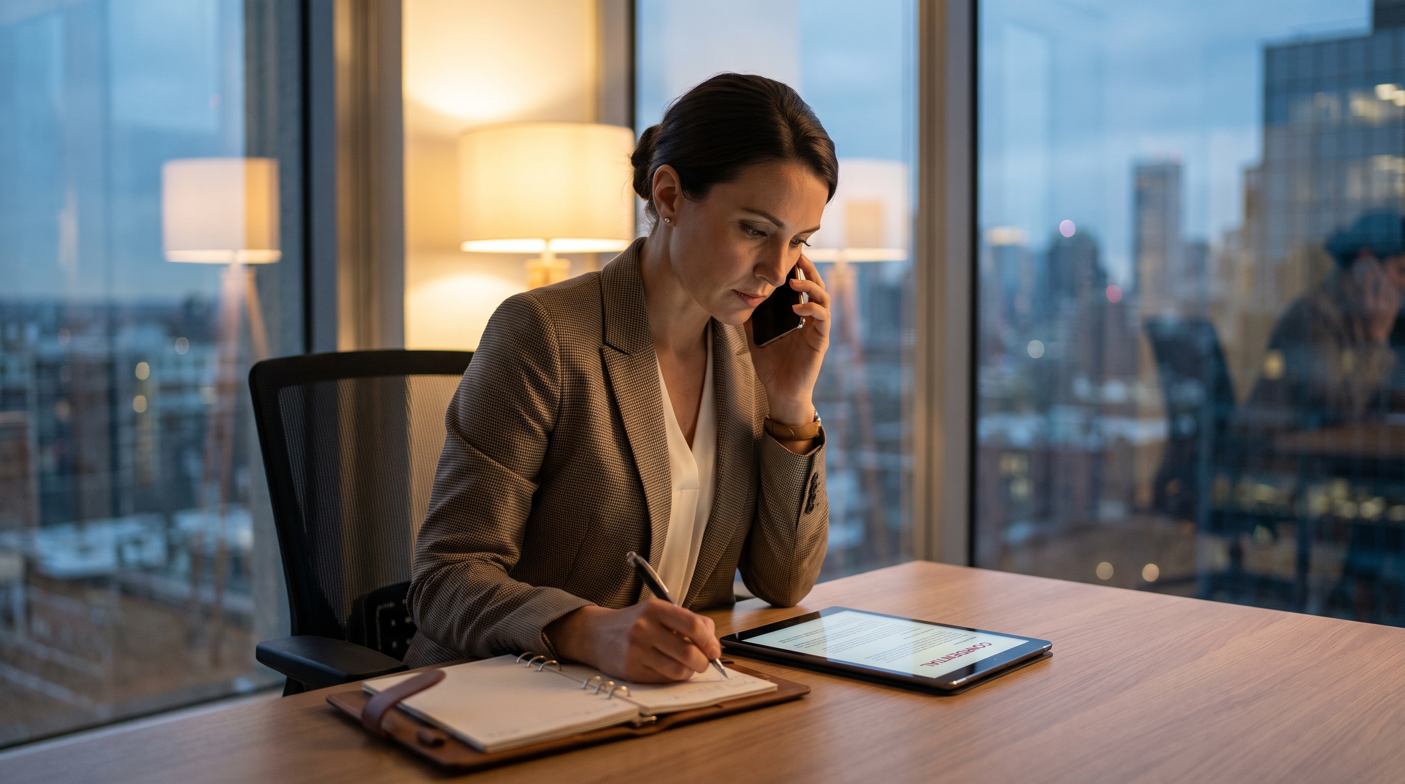Executive recruiter on a confidential phone call in a modern private office, reviewing a candidate dossier on a tablet while taking notes, representing discreet strategic talent acquisition