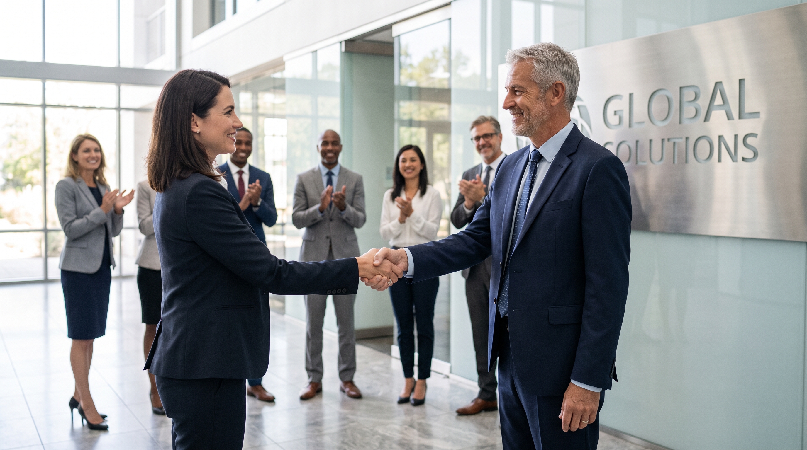 New CEO being welcomed by board chairman in corporate headquarters lobby, shaking hands confidently with board members visible in background, representing successful executive placement and organizational strength