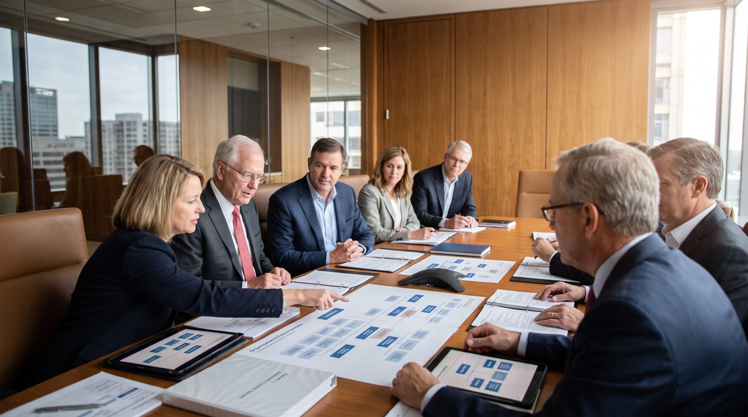 Boardroom succession planning meeting with executives reviewing organizational charts and leadership pipeline documents, representing strategic continuity planning